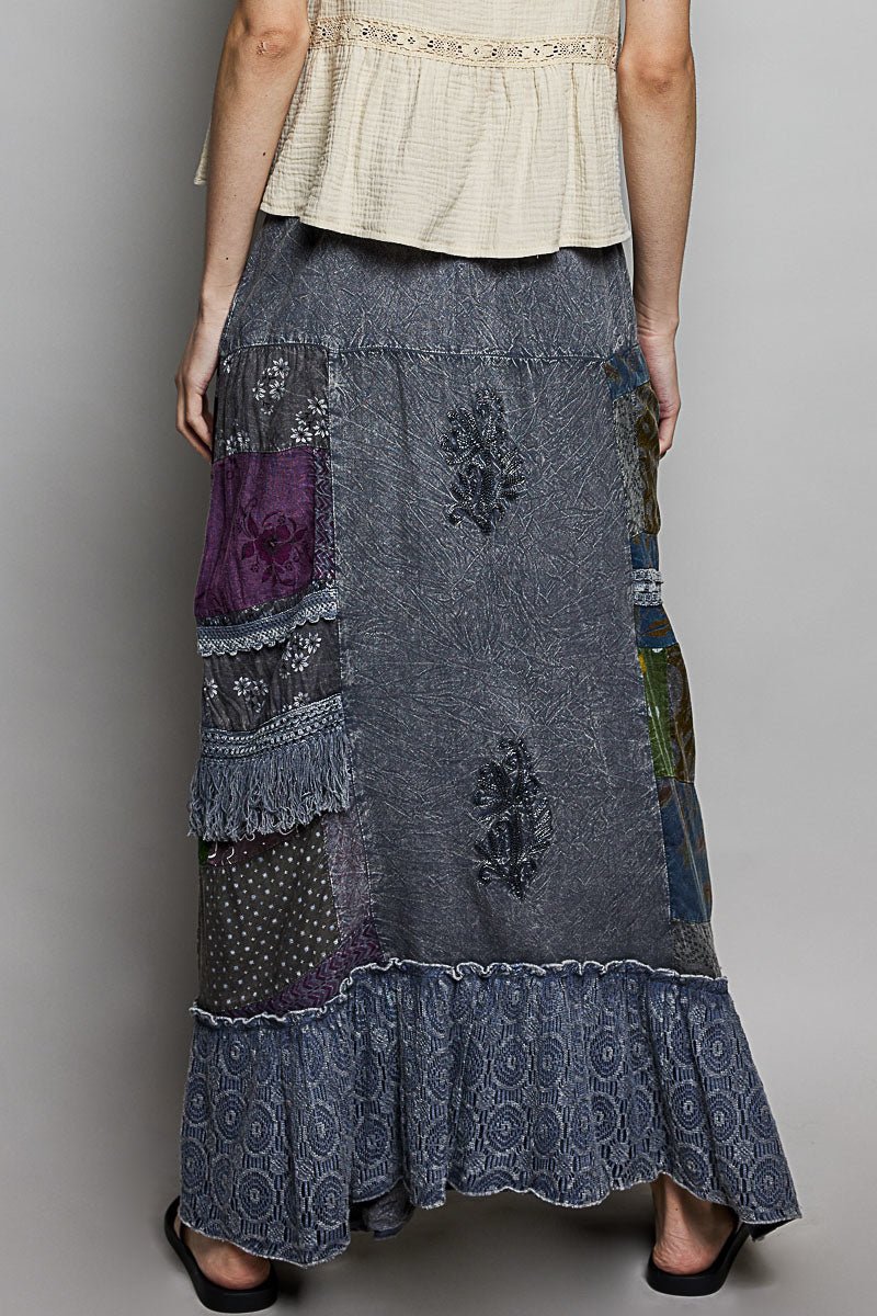 POL Printed Patchwork Embroidered Ruffled Skirt - CHARCOAL MULTI / S