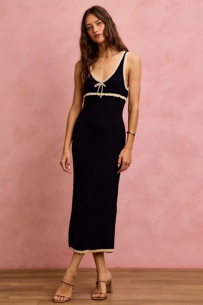 SO ME Knit Sweater Maxi Sleeveless Bodycon Resort Dress - Black/Oatmeal / S