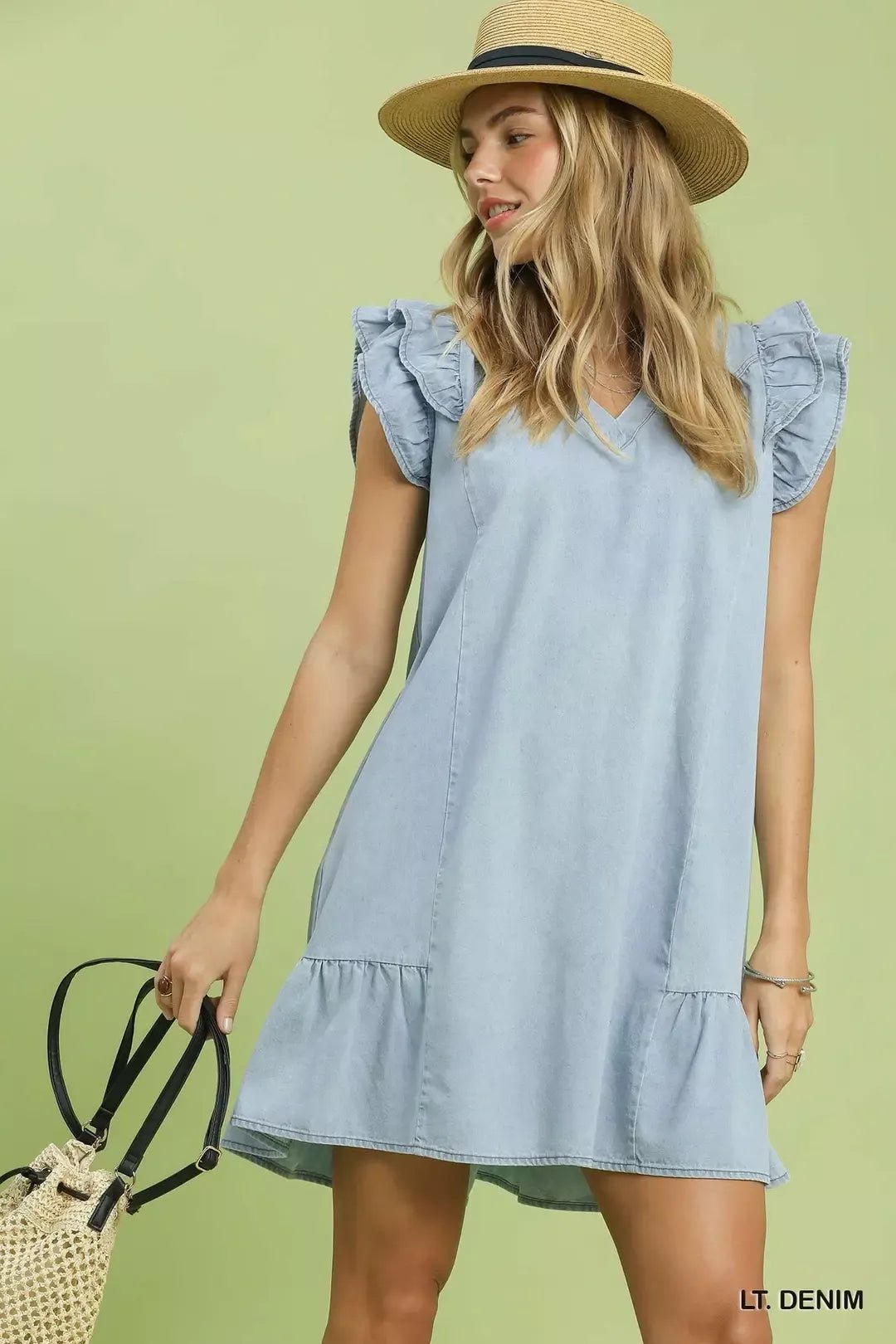 Umgee Chambray Ruffled Denim Dress with Side Pockets - LT. DENIM / S
