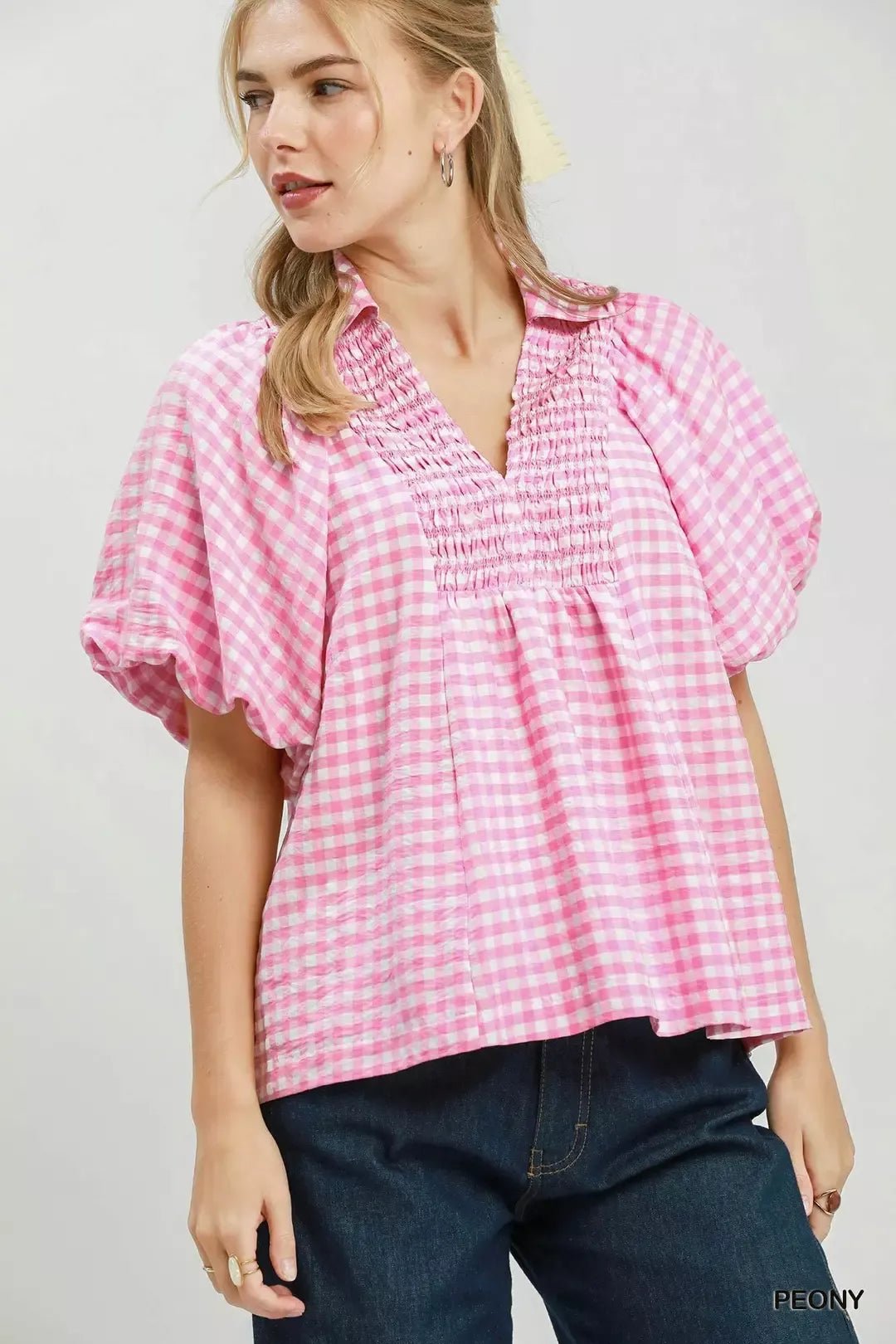 Umgee Smocked Yoke Puff Sleeve Gingham Blouse - PEONY / S