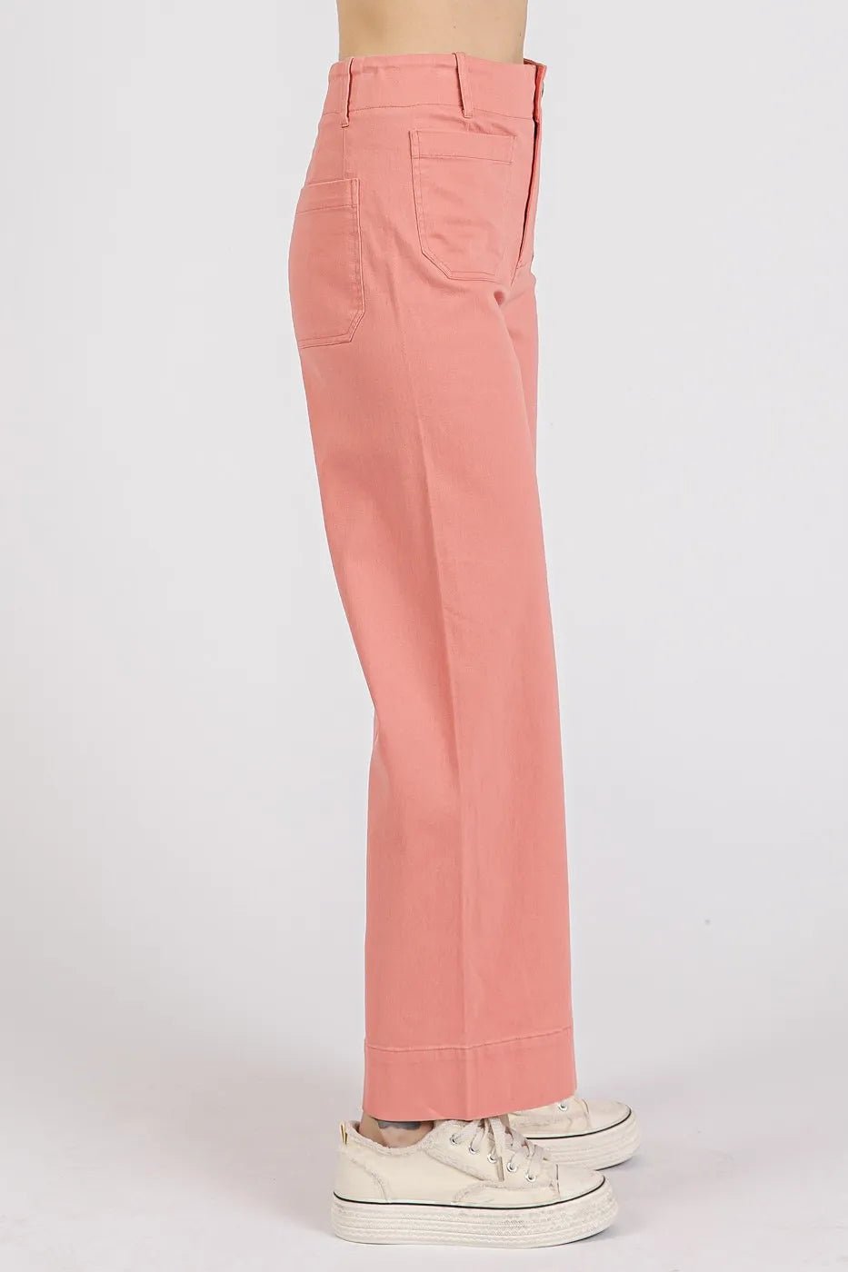 Mittoshop Twill Patch Pocket High Rise Wide Leg Pants - CORAL PINK / S