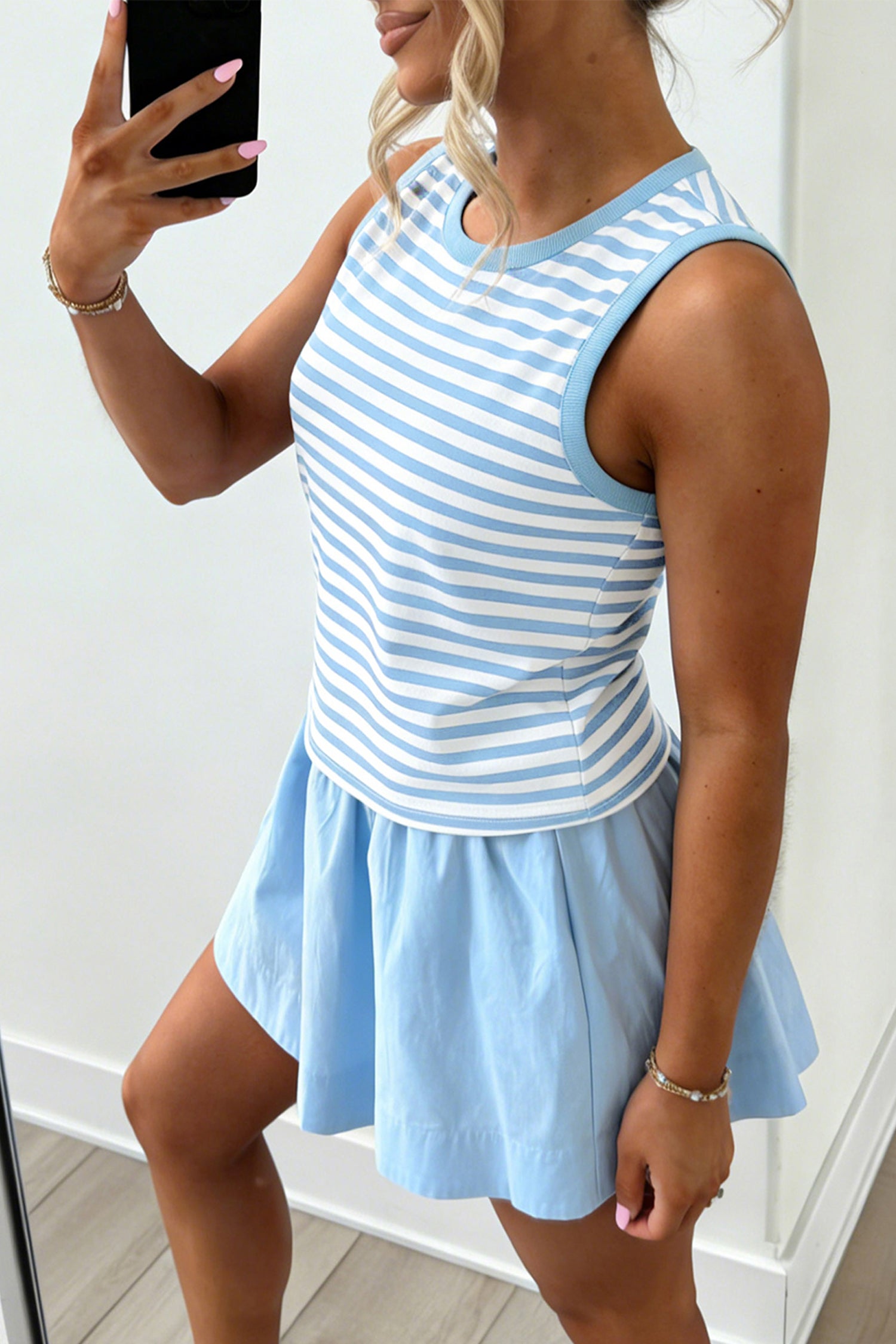 Sky Blue Stripe Slim Tank Contrast Ruffle Mini Skirt Set