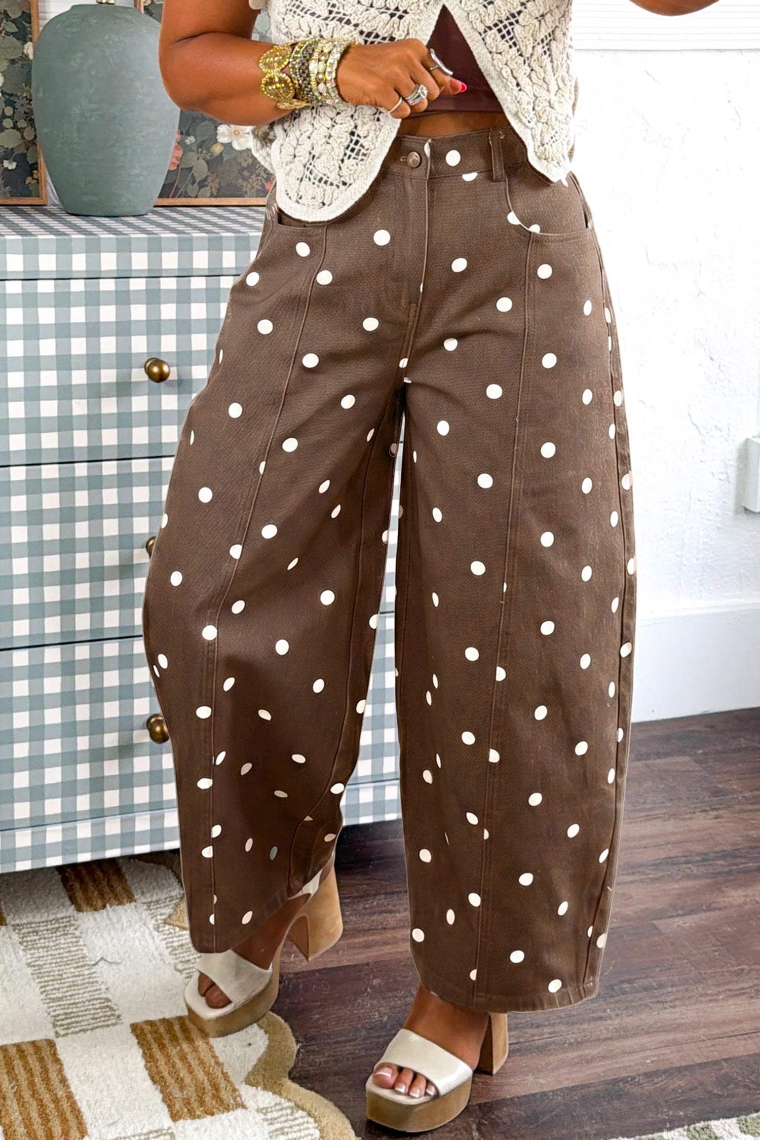 Pink Polka Dot Print Seam Detail Barrel Jeans