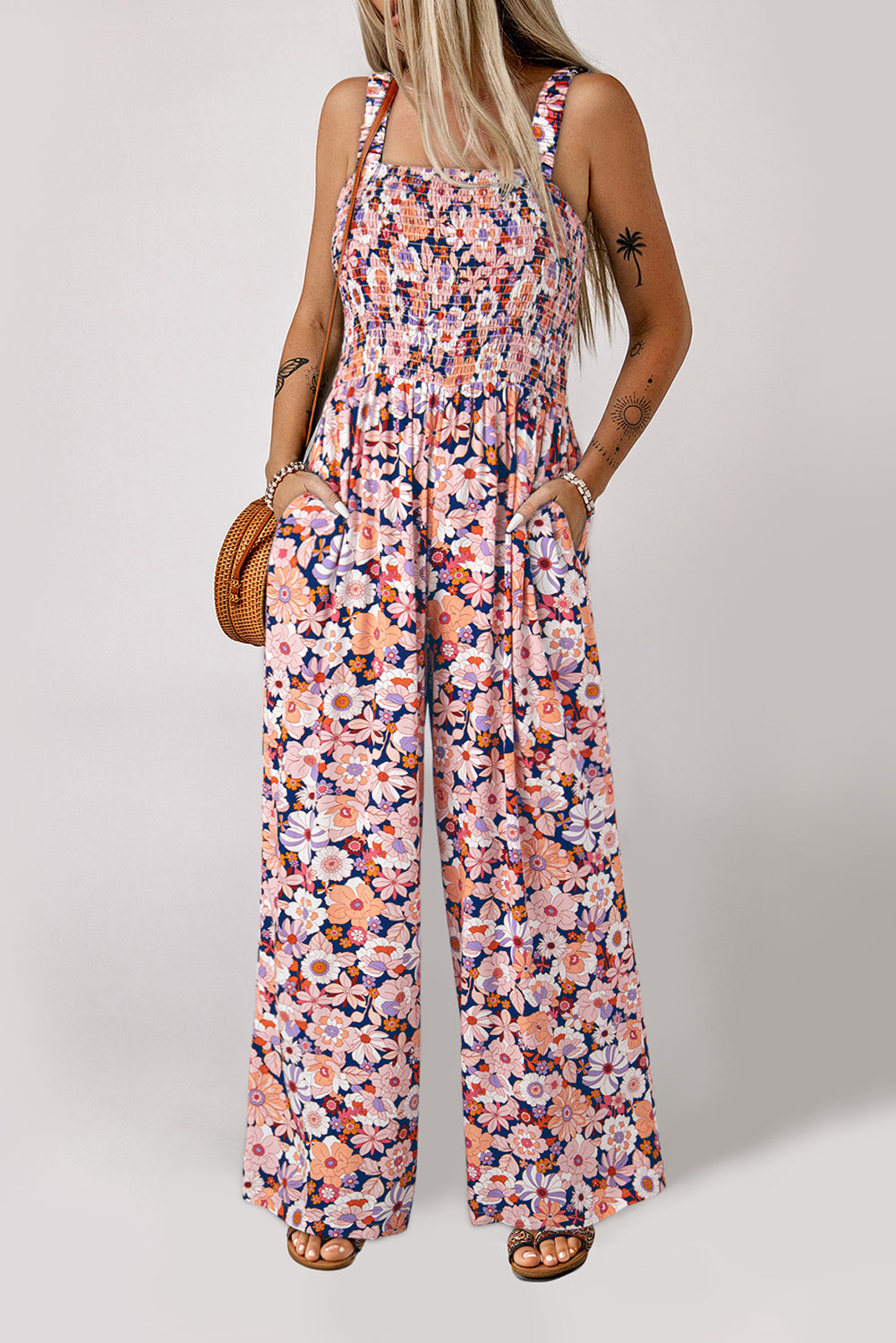 Purple Floral Square Neckline Stretch High Waist Jumpsuit