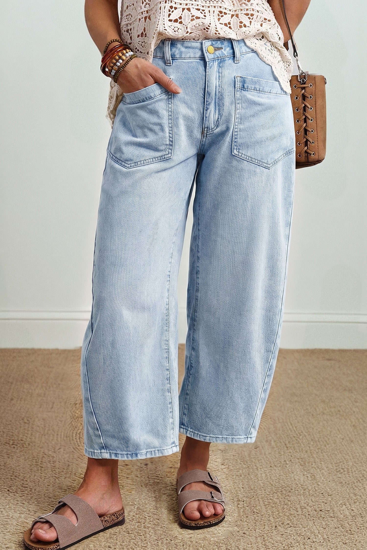 Coffee Solid Color Square Patch Pocket Ankle-length Barrel Jeans