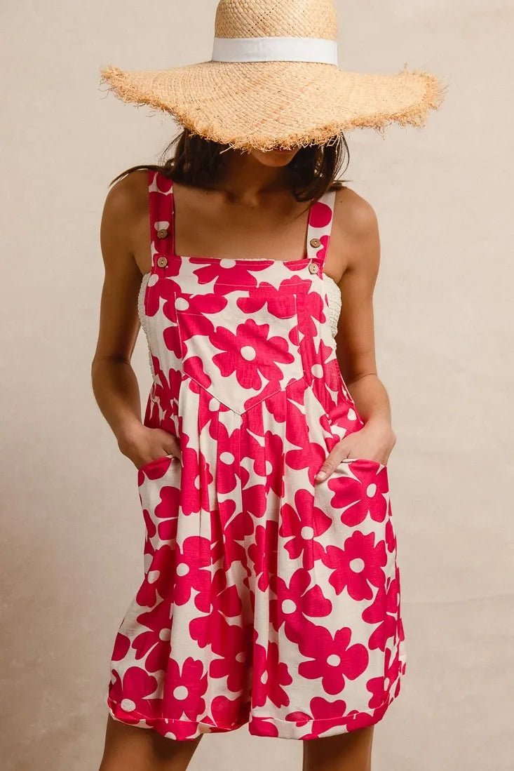 BiBi Floral Prints Tuck Detail Short Overall With Pockets - FUCHSIA / S