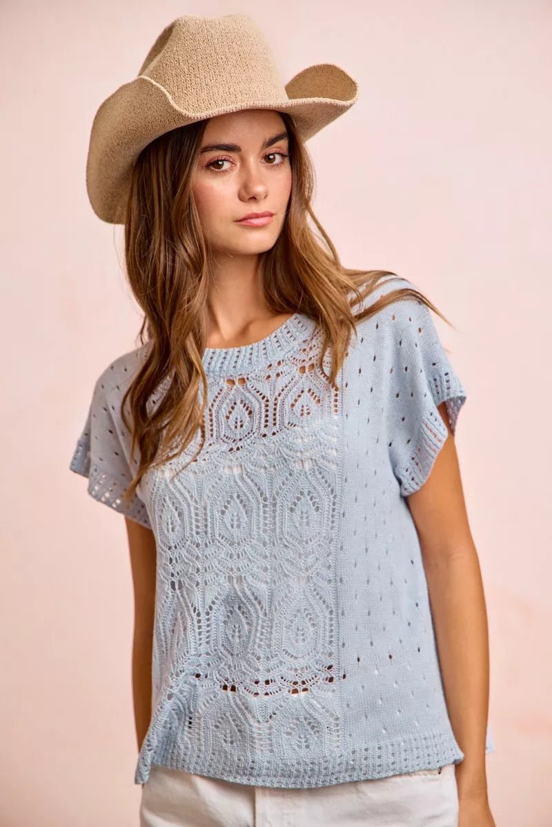 BiBi Washed Eyelet Short Sleeve Breathable Knit Top - Washed Ice Blue / S