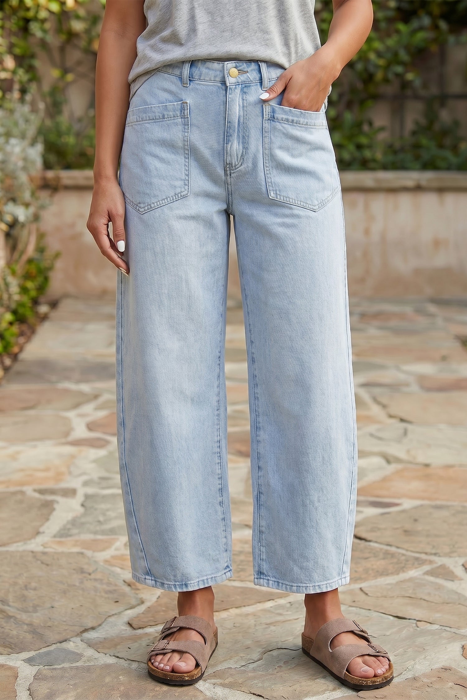 Coffee Solid Color Square Patch Pocket Ankle-length Barrel Jeans