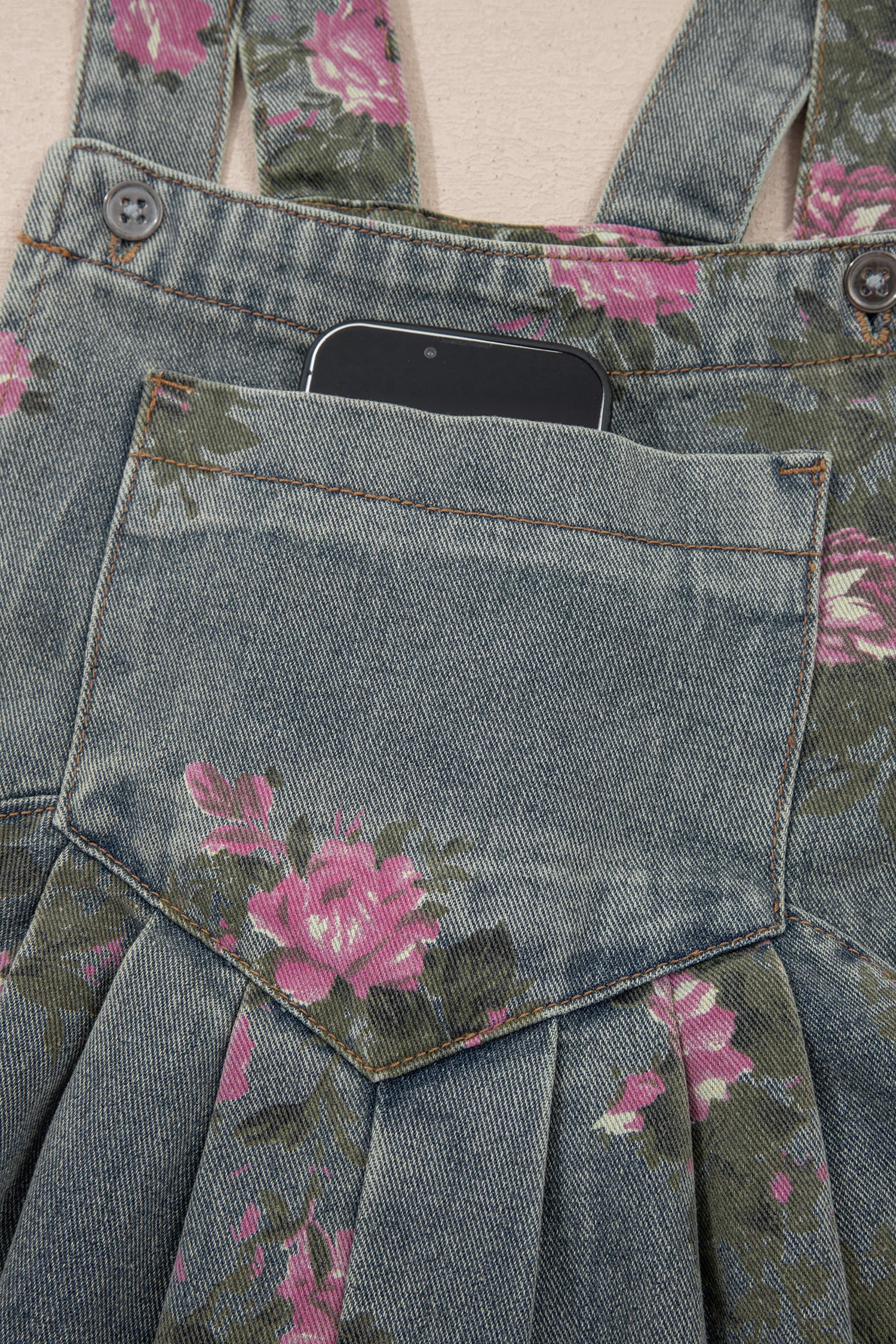 Beau Blue Floral Print Pleated High Waist Wide Leg Denim Jumpsuit