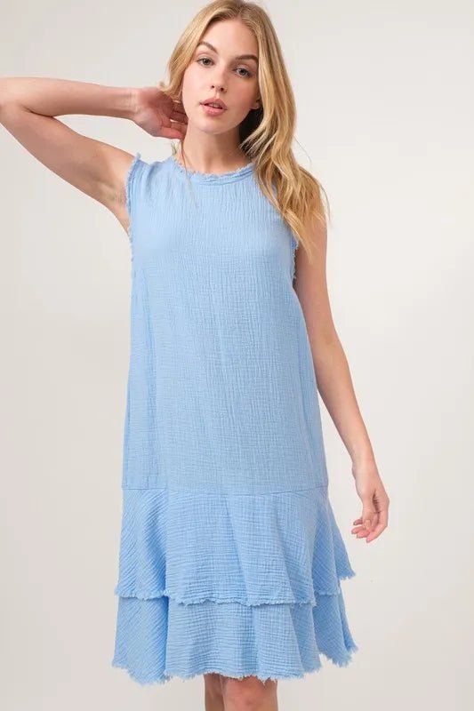 And The Why Washed Fringe Detail Tiered Dress - Baby Blue / S