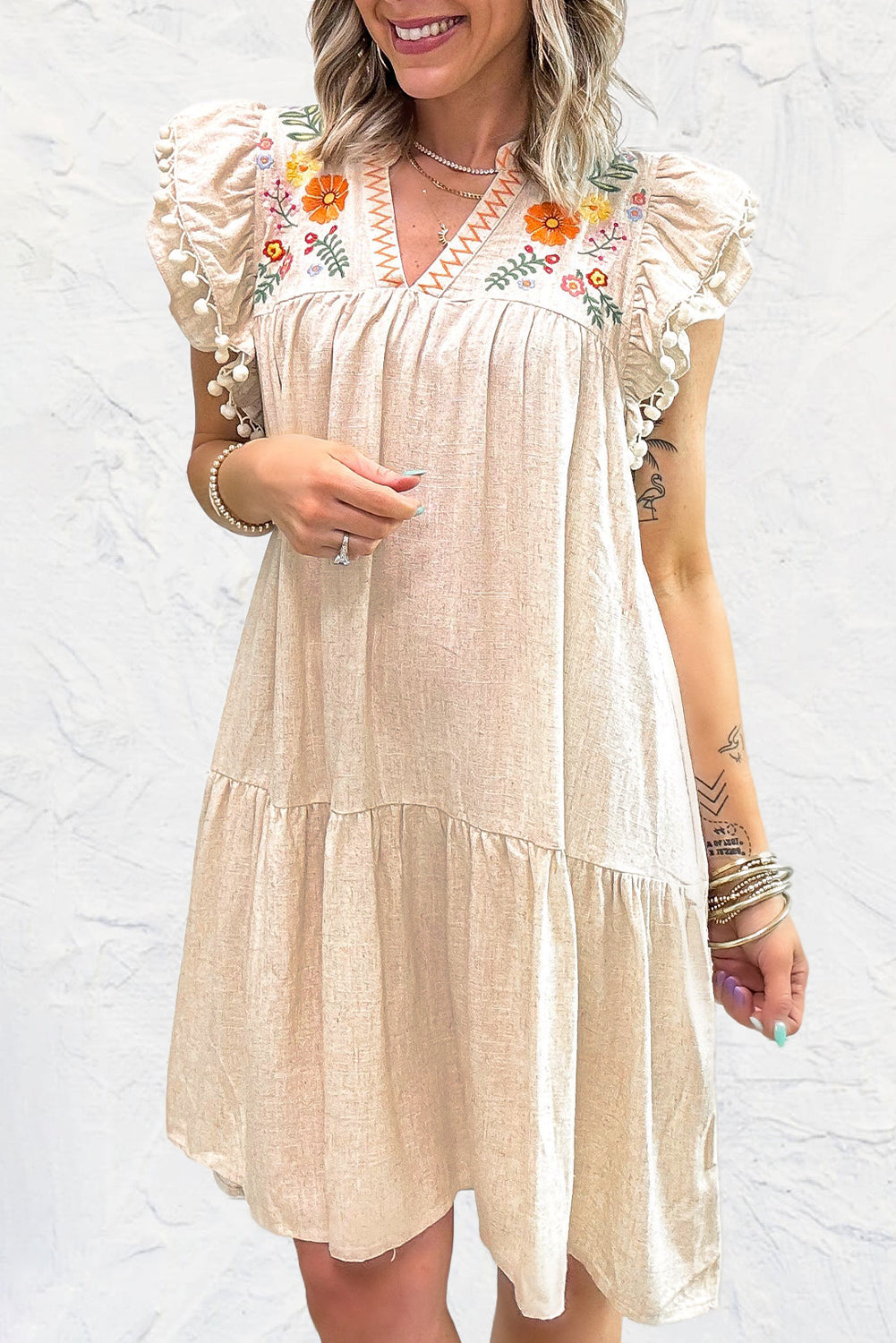 Jet Stream Linen Embroidery Split Neck Pom Pom Ruffle Sleeve Short Dress