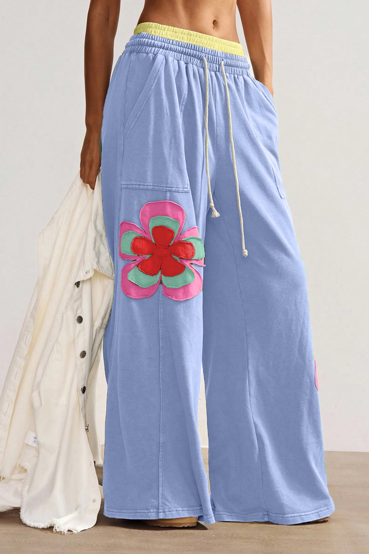 Grapefruit Orange Color Block Flower Patchwork Drawstring Contrasted Elastic Waist Wide Leg Pants