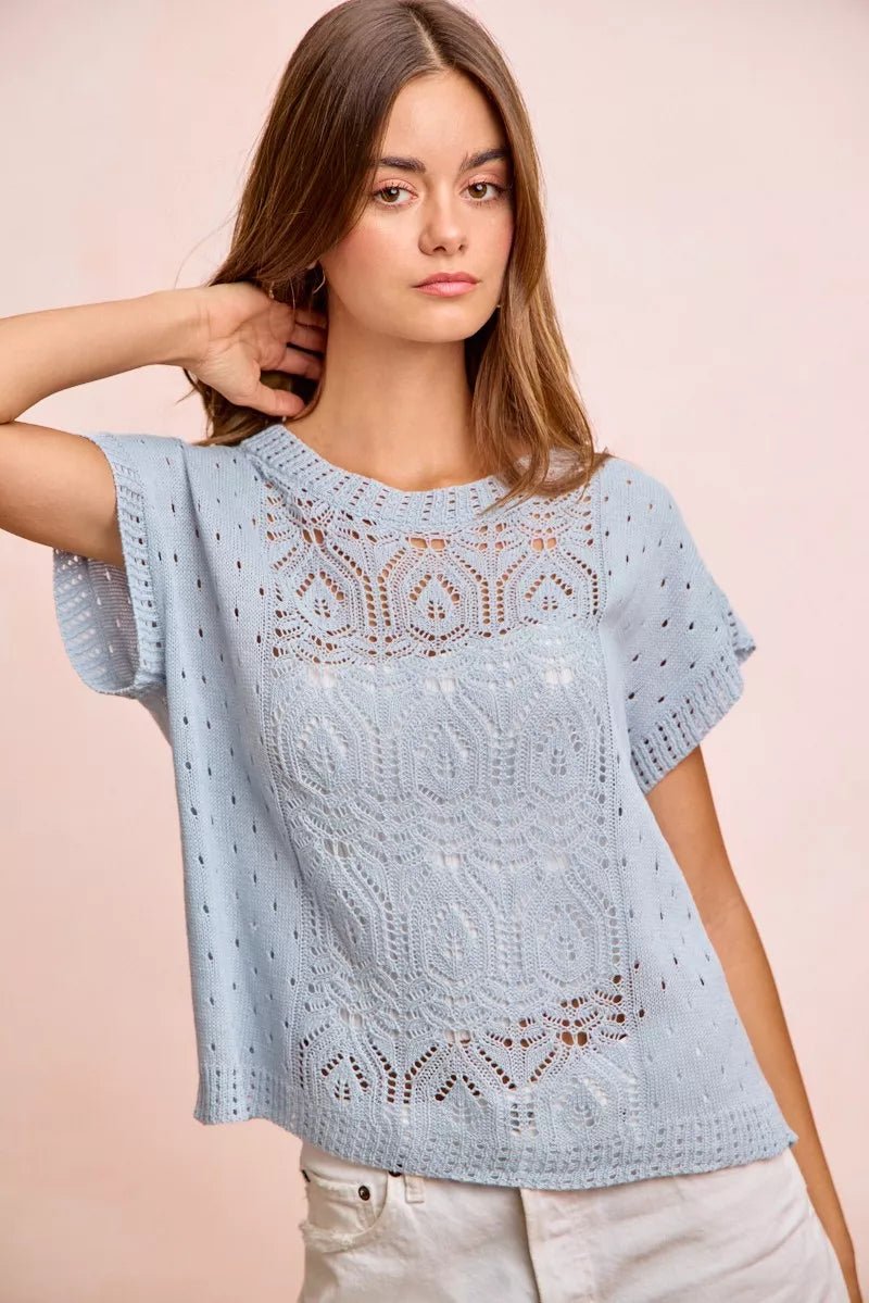 BiBi Washed Eyelet Short Sleeve Breathable Knit Top - Washed Ice Blue / S
