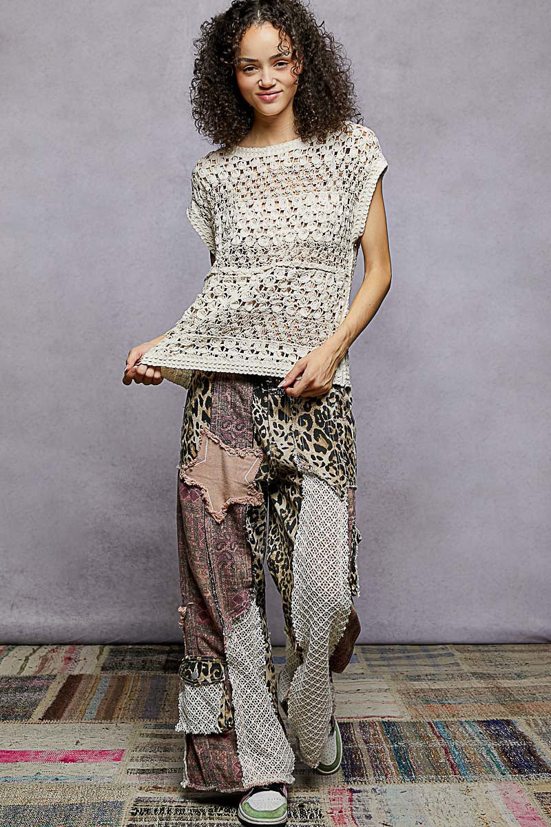 POL Openwork Round Neck Crochet Top - NATURAL / One Size