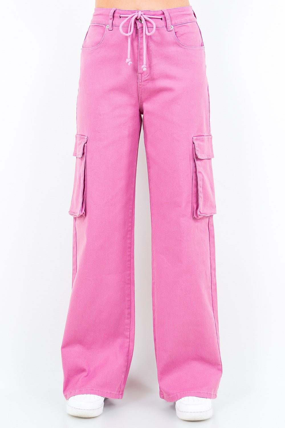 American Bazi Full Size Drawstring Wide Leg Cargo Pants Plus Size - Dusty Rose / S