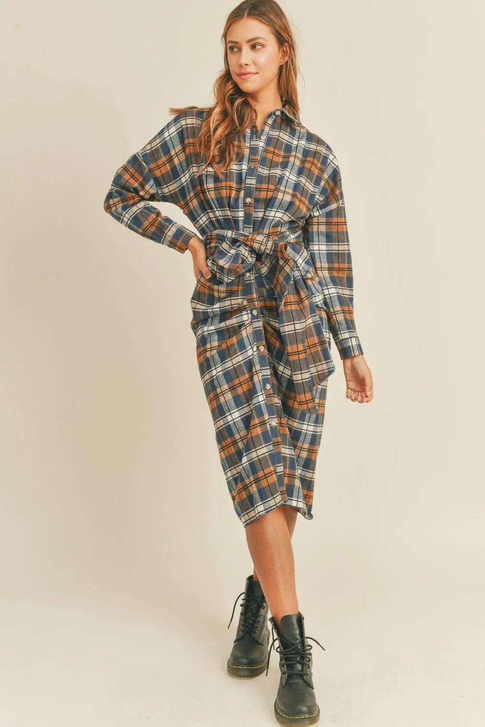 Mable Plaid Flannel Front Tie Button Down Shirt Dress - Camel / S