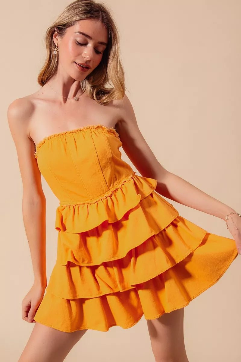 SO ME Strapless Ruffle Layered Game Day Cheer Up Dress - GOLD / S