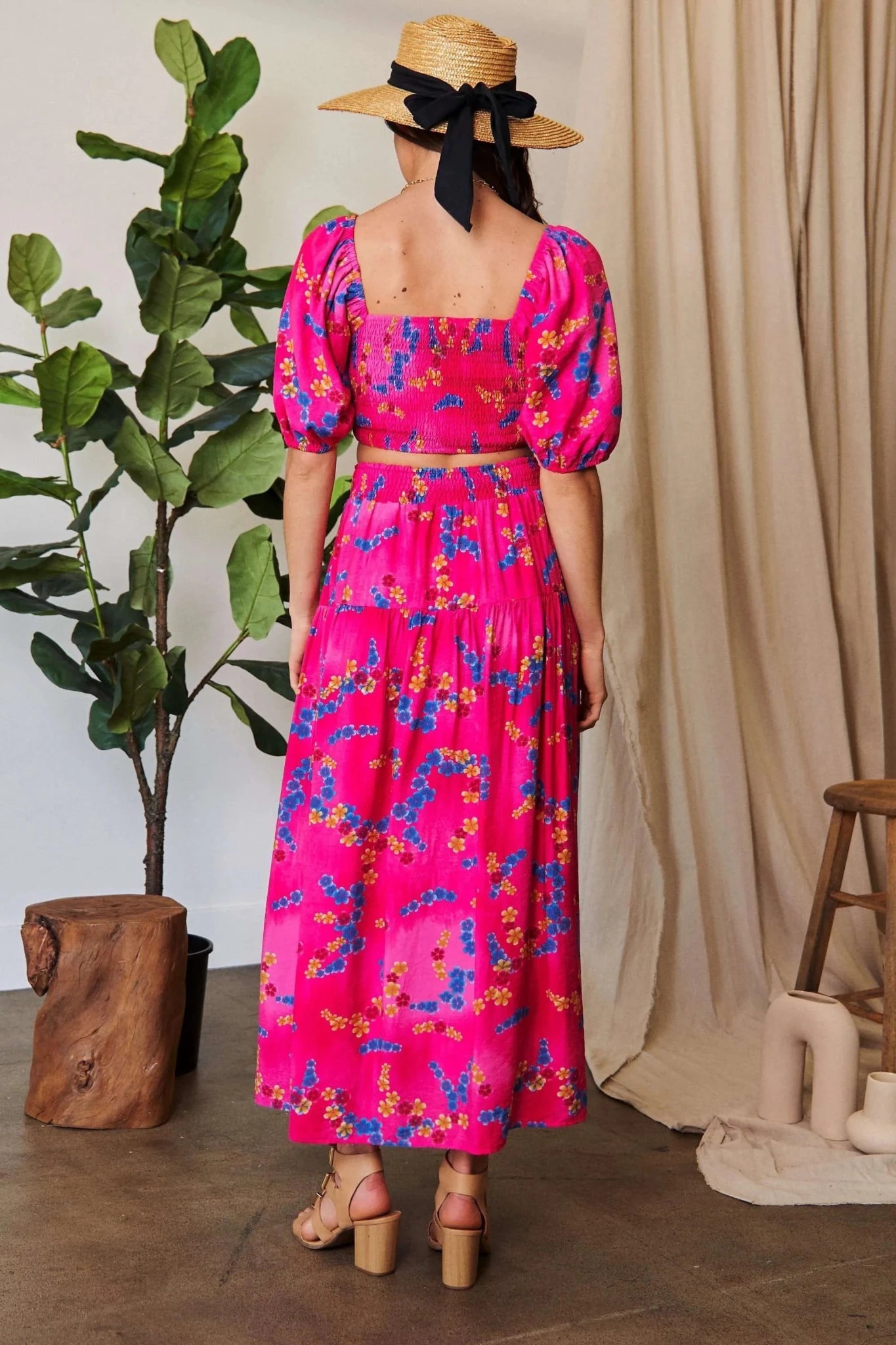 Davi & Dani Printed Smocking Waistband Ruffled Maxi Skirt - CANDY PINK / S
