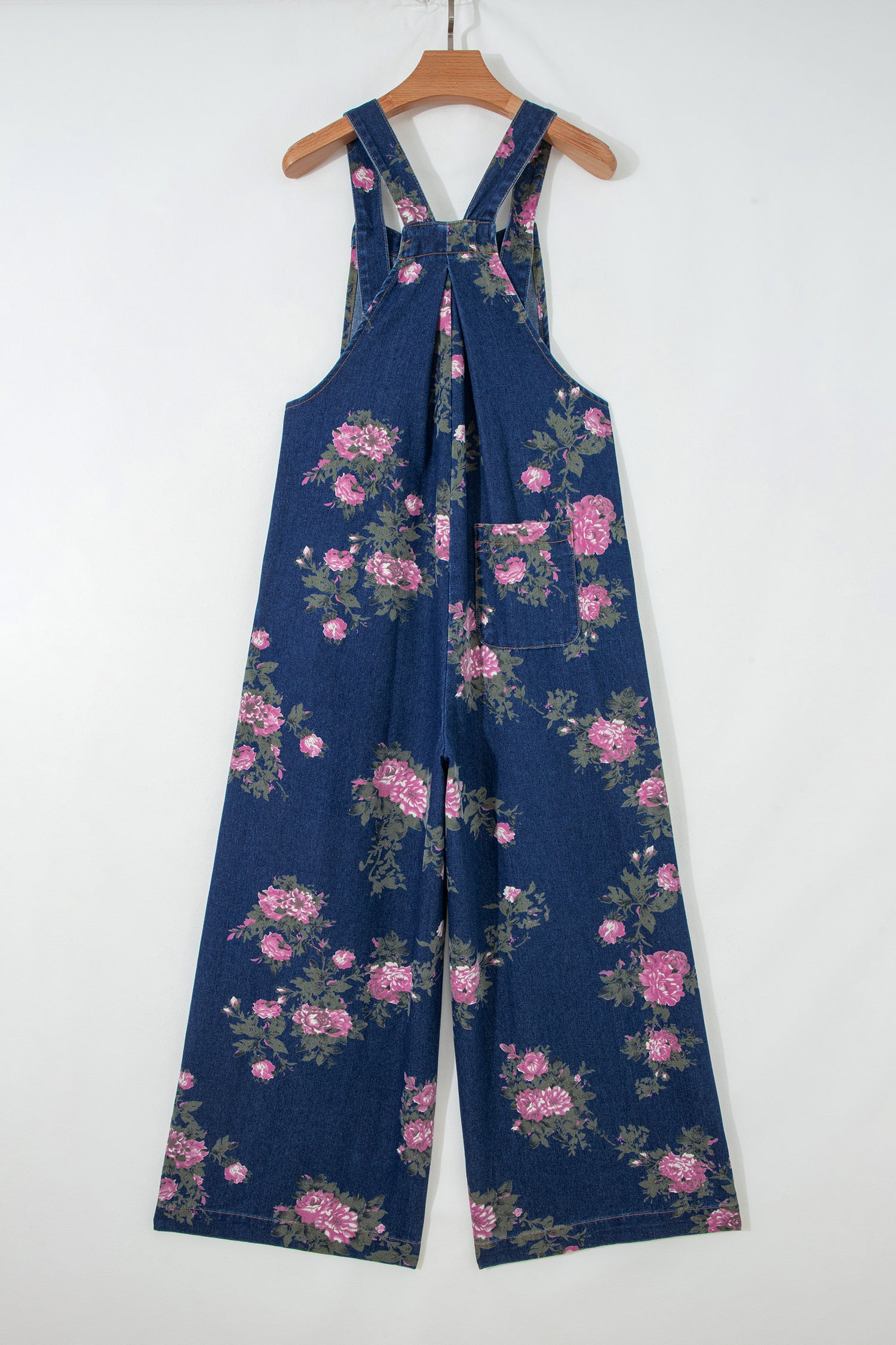 Beau Blue Floral Print Pleated High Waist Wide Leg Denim Jumpsuit