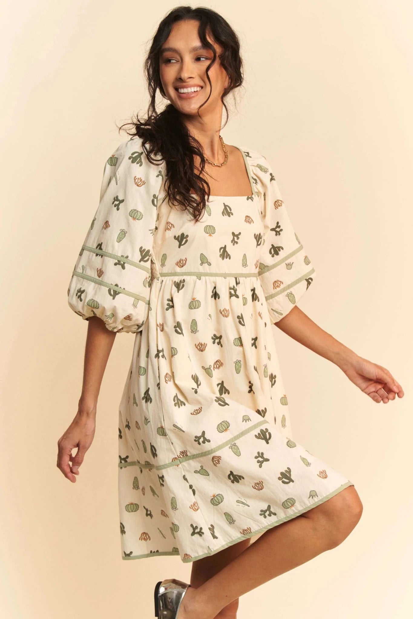 Davi & Dani Cactus Printed Poplin Contrast Piping Mini Dress - CREAM/GREEN / S