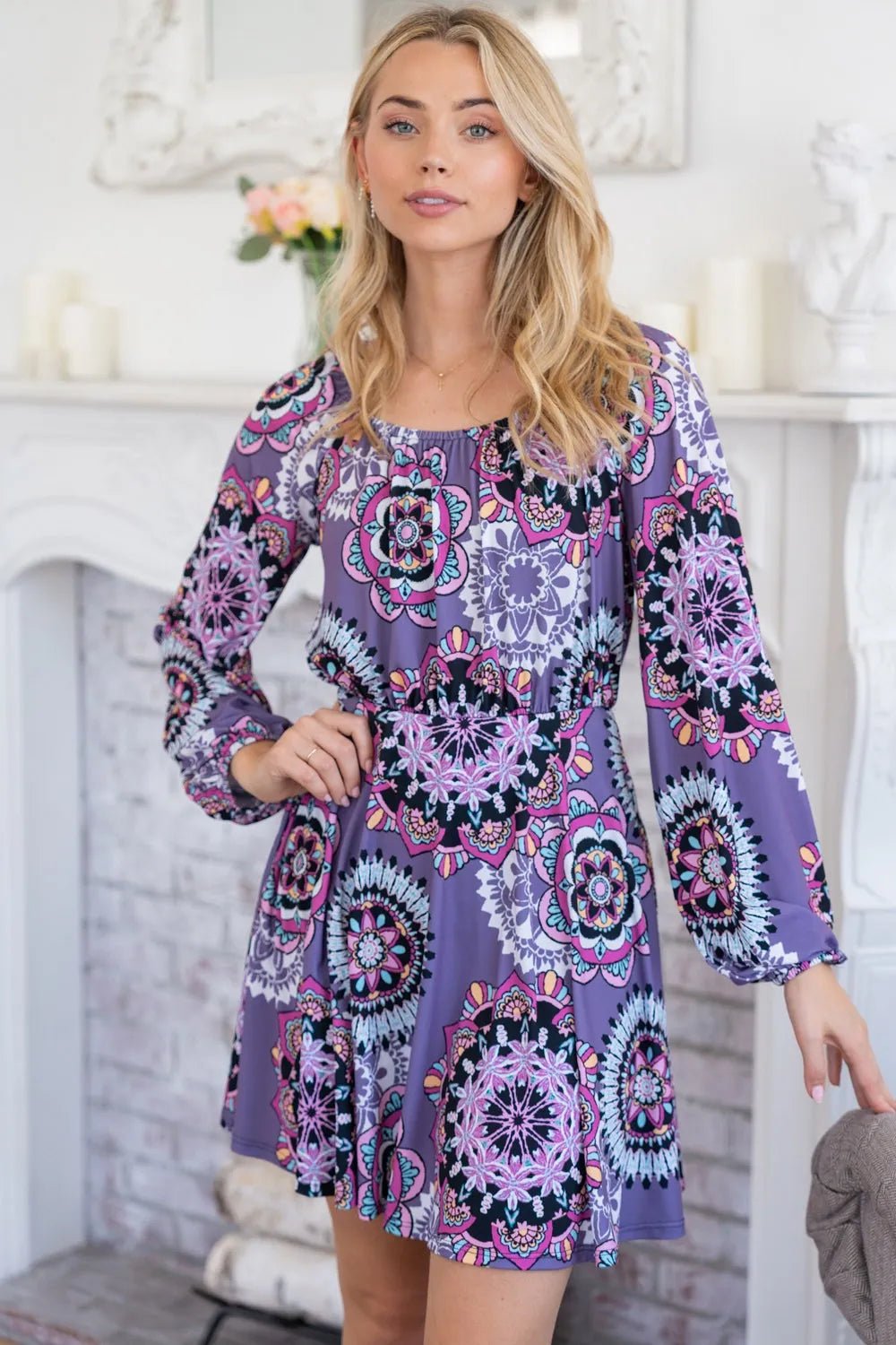 White Birch Printed Long Sleeve Mini Dress with Short Liner - Purple / S