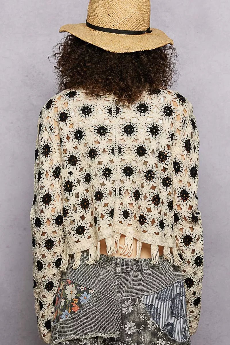 POL Openwork Floral Crochet Cardigan with Tassel Hem - NATURAL/BLACK / One Size
