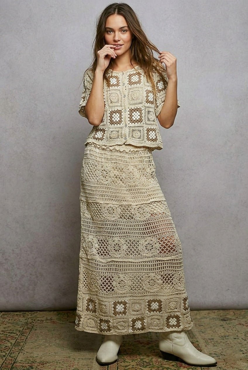 POL Floral Crochet Ruffled Waistband Maxi Skirt with Granny Square Weave - NATURAL/CAMEL / One Size