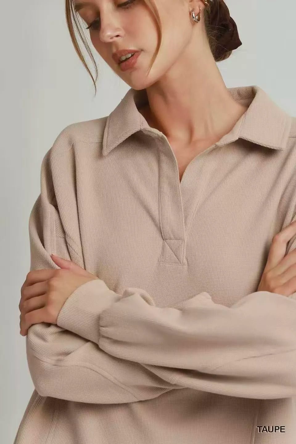 Umgee Brushed Waffle Polo Collared Pullover - TAUPE / S
