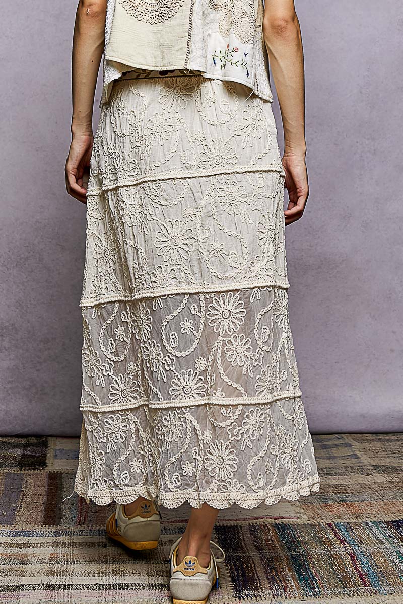 POL Floral Embroidered Tiered Crochet Skirt - NATURAL / One Size