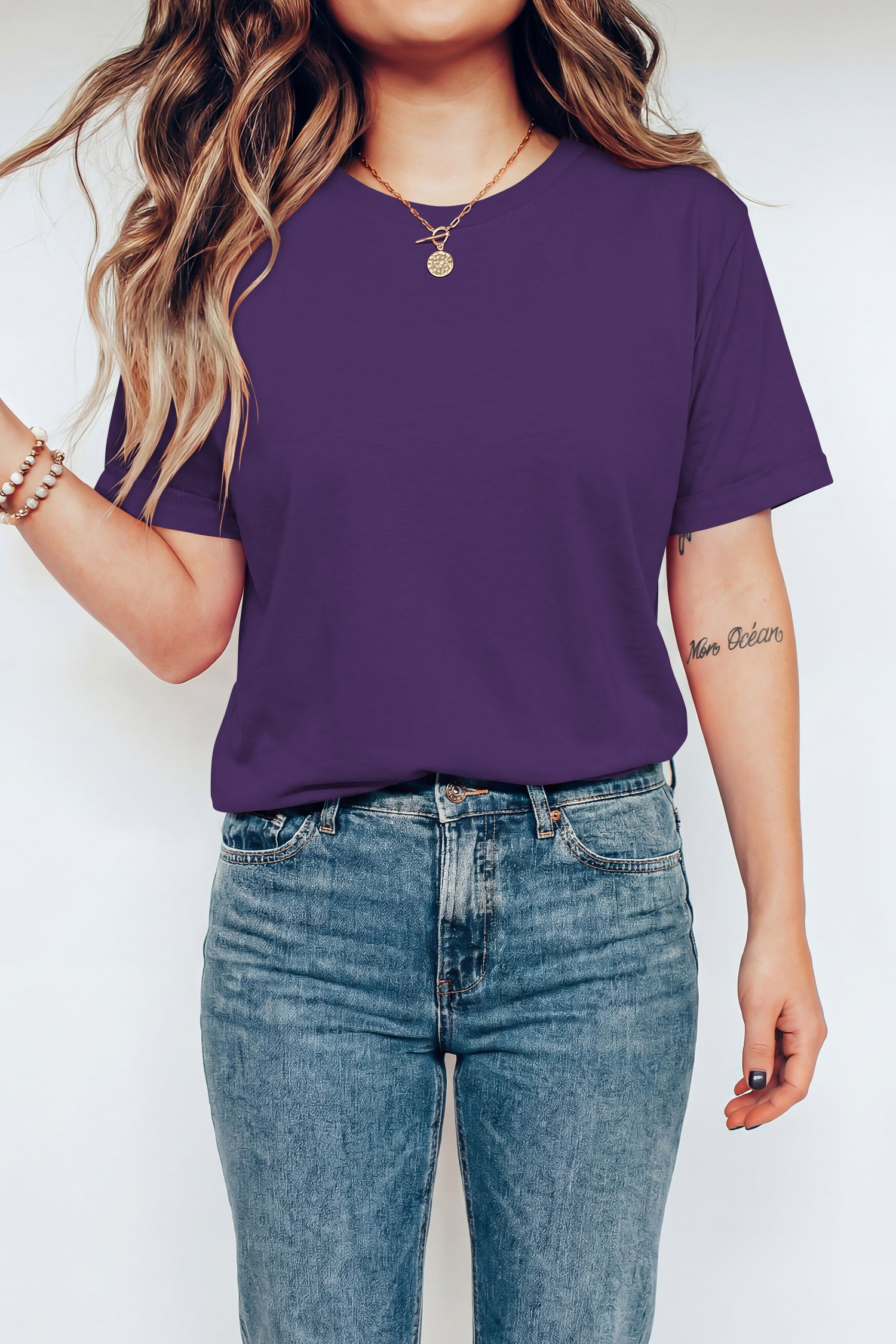 Sachet Pink Solid Color Basic Crew Neck Plain Tee