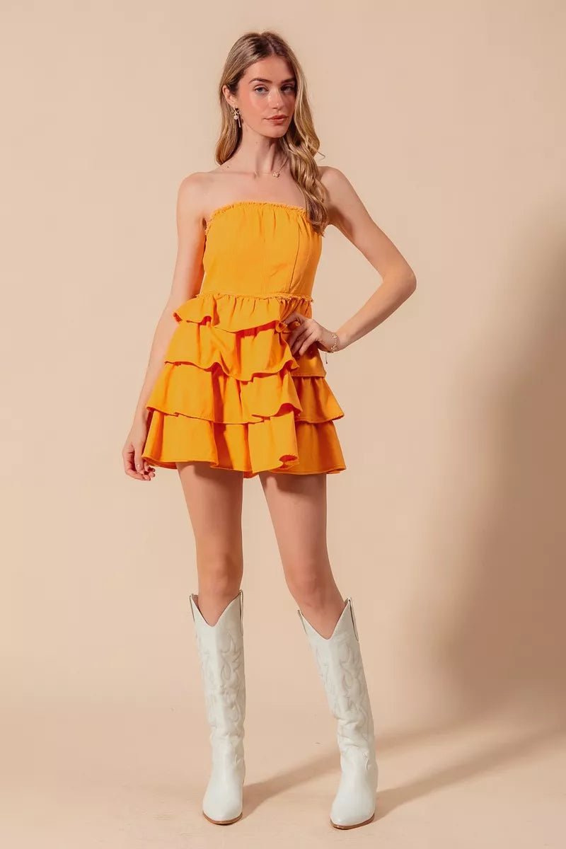SO ME Strapless Ruffle Layered Game Day Cheer Up Dress - GOLD / S