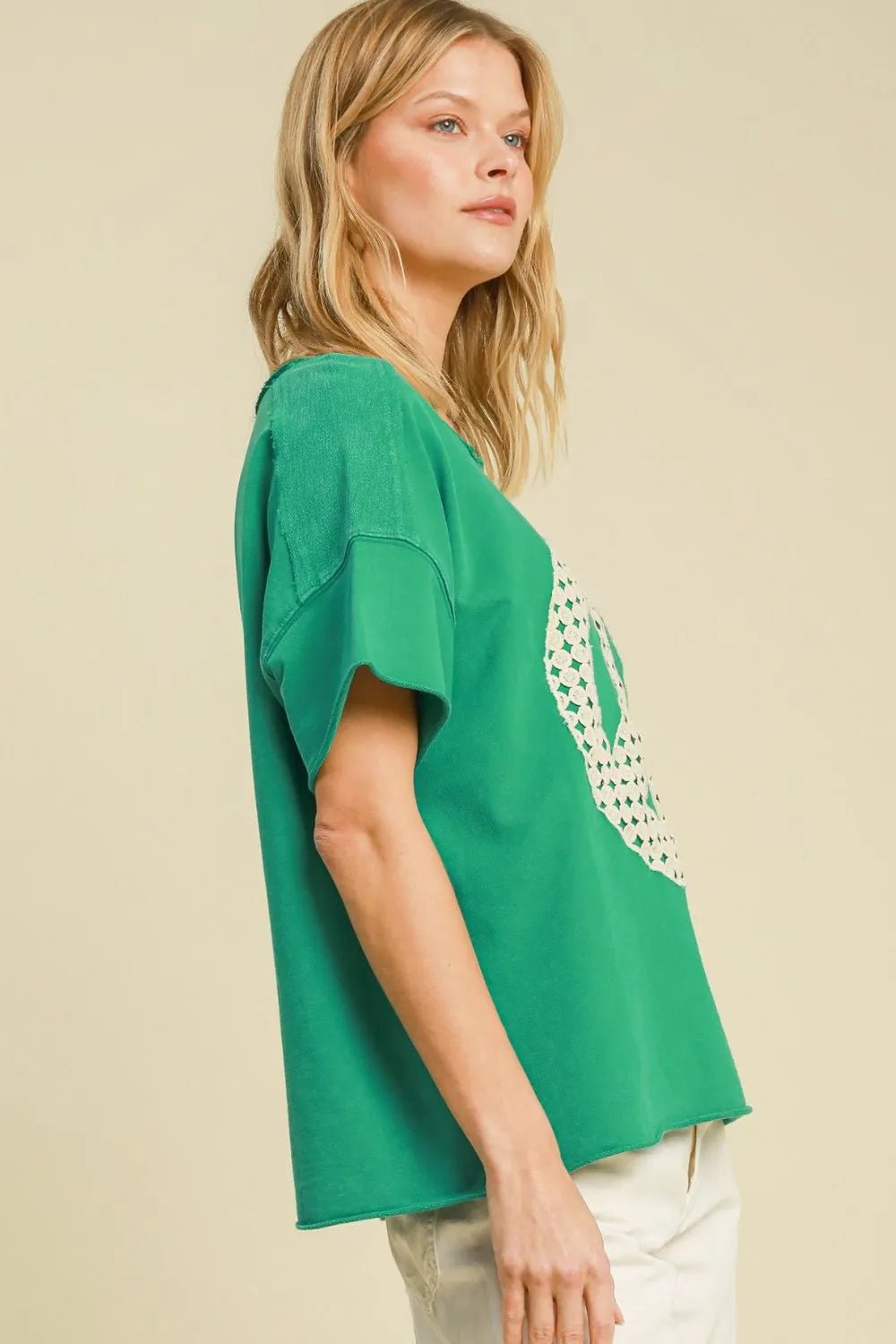 Umgee Full Size Mineral Wash T-Shirt with Lace Applique Plus Size - Green / S