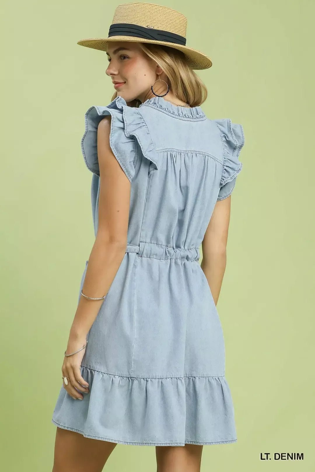 Umgee Chambray Ruffled Denim Dress with Side Pockets - LT. DENIM / S