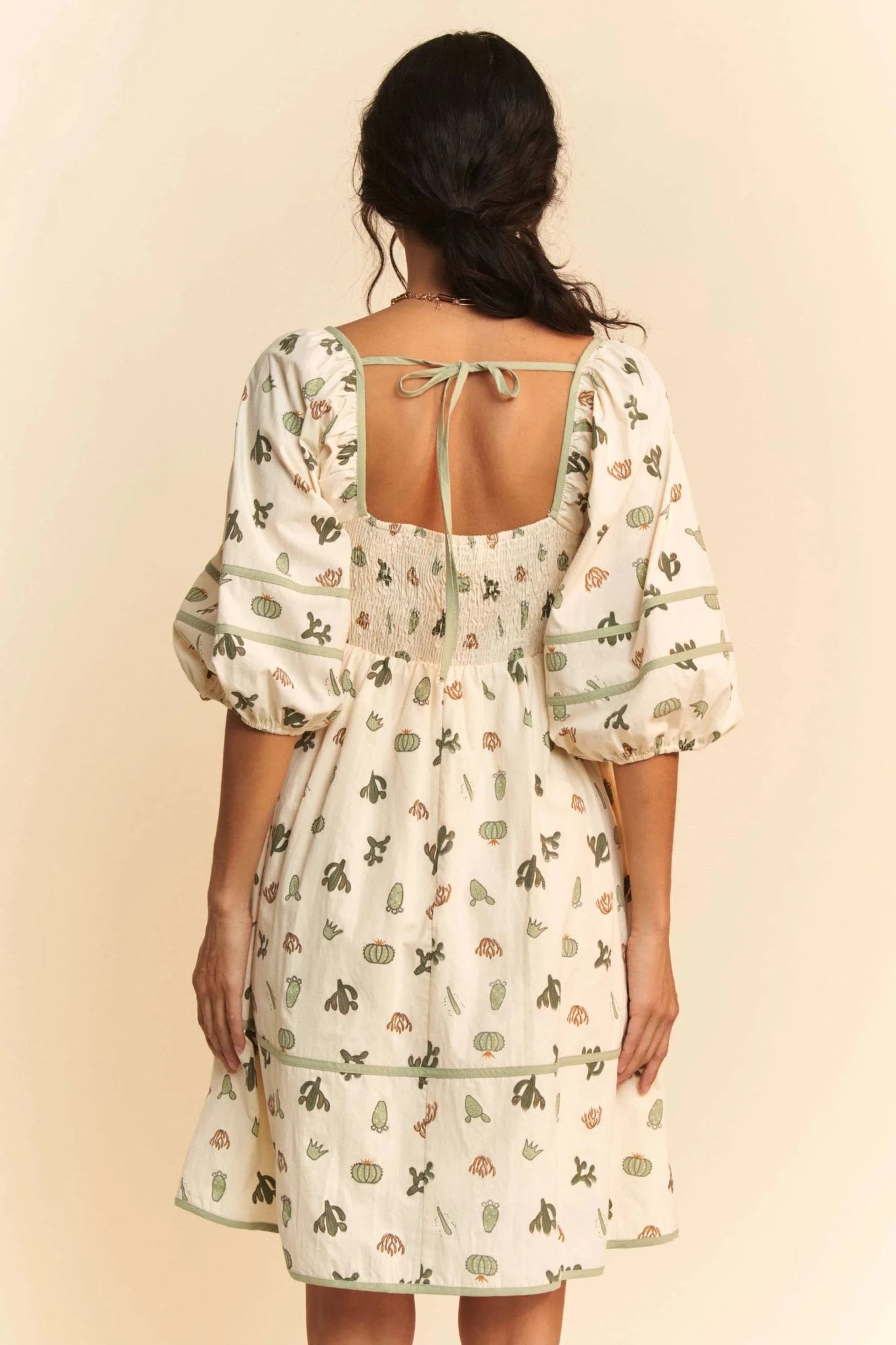 Davi & Dani Cactus Printed Poplin Contrast Piping Mini Dress - CREAM/GREEN / S