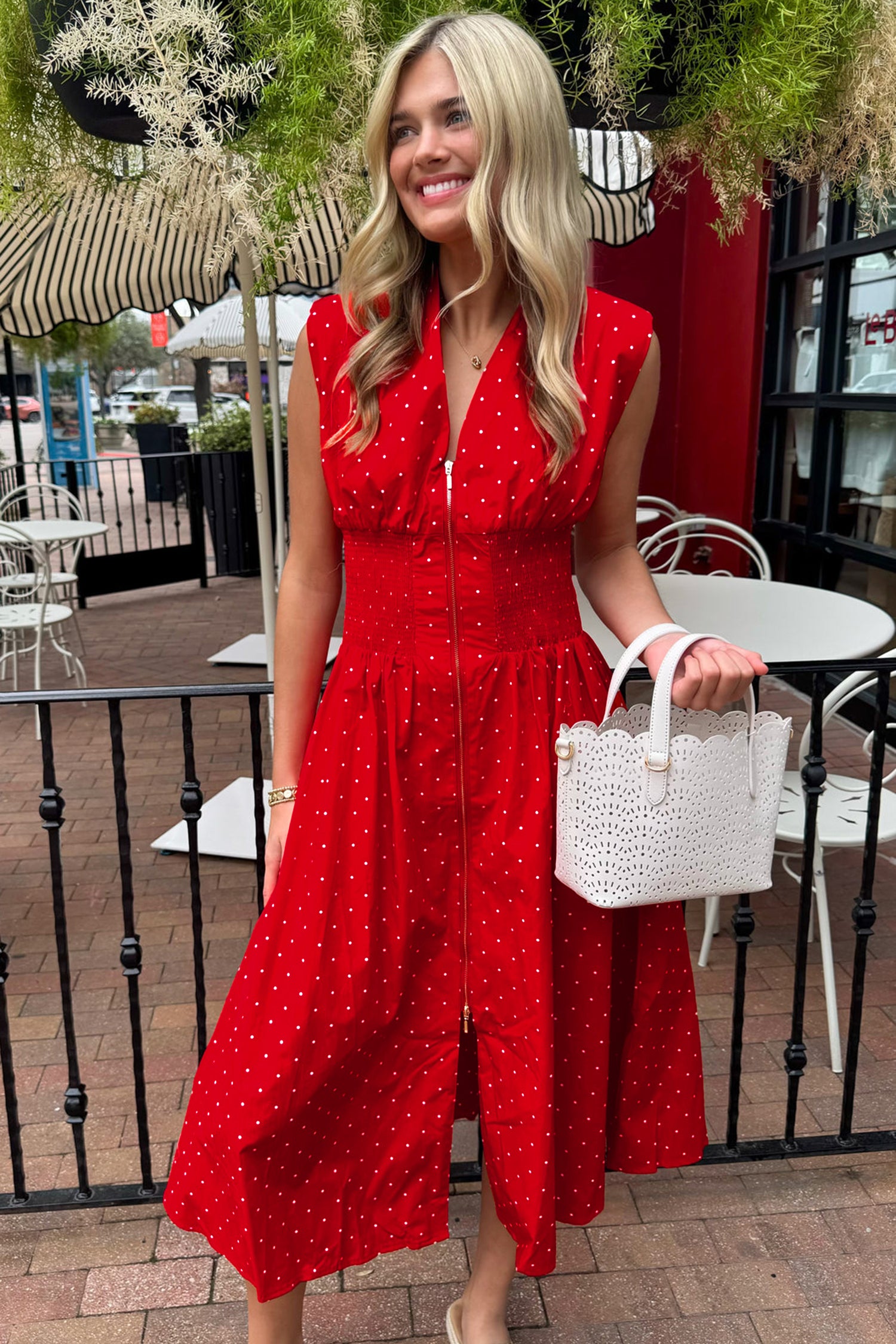 Fiery Red Polka Dot Zip Up Shirred Flared Midi Dress