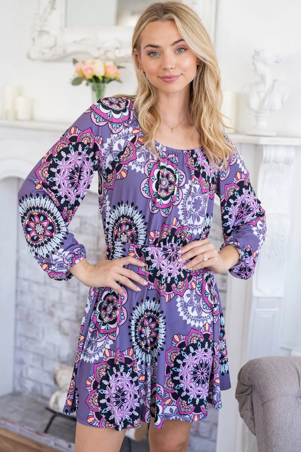 White Birch Printed Long Sleeve Mini Dress with Short Liner - Purple / S