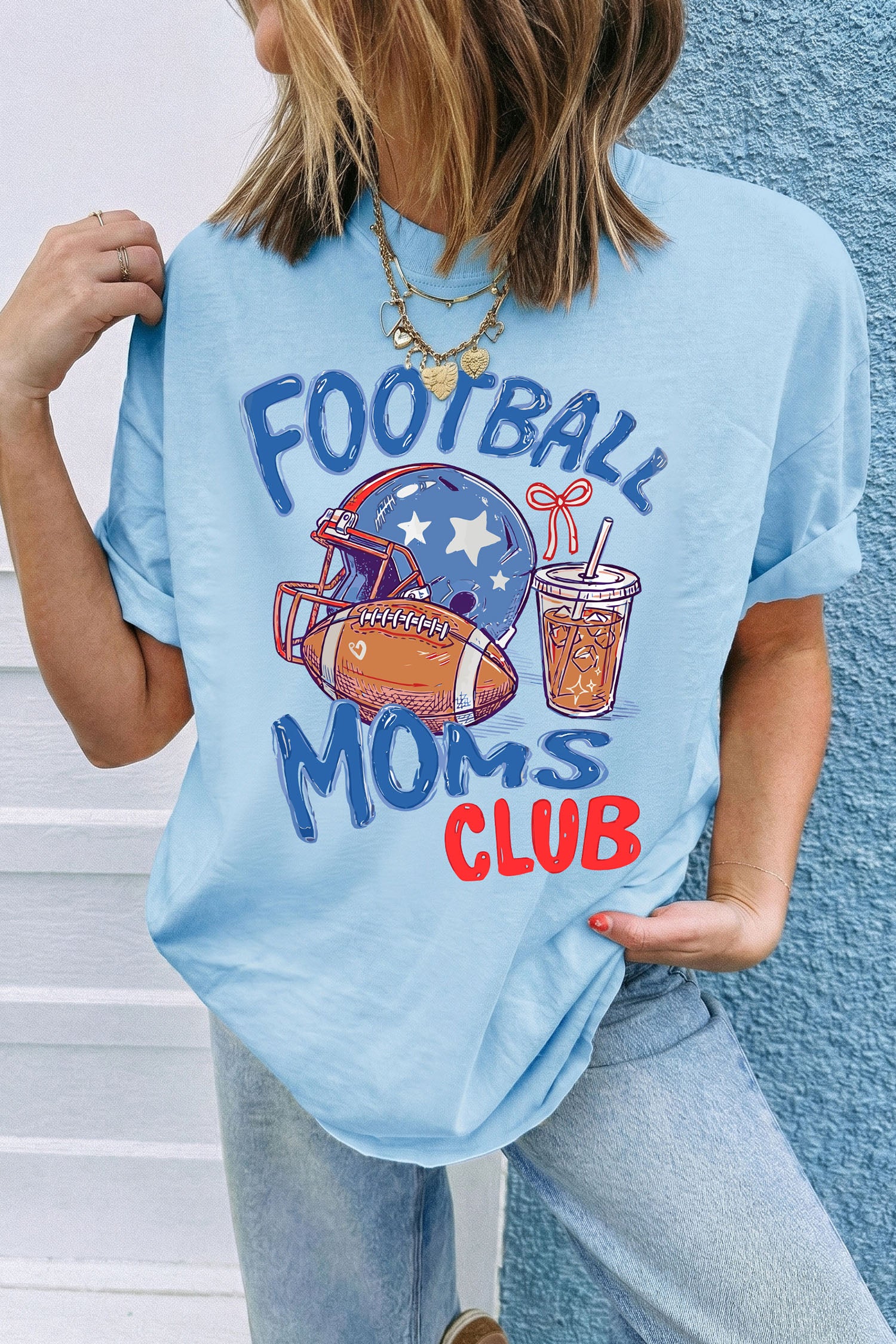 Light Blue FOOTBALL MOMS CLUB Game Day Graphic T Shirt