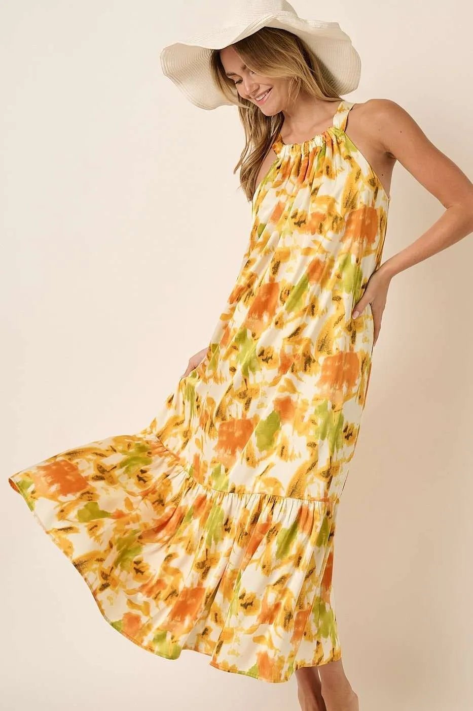 Mittoshop Watercolor Print Halter Neck Satin Maxi Dress - ORANGE / S