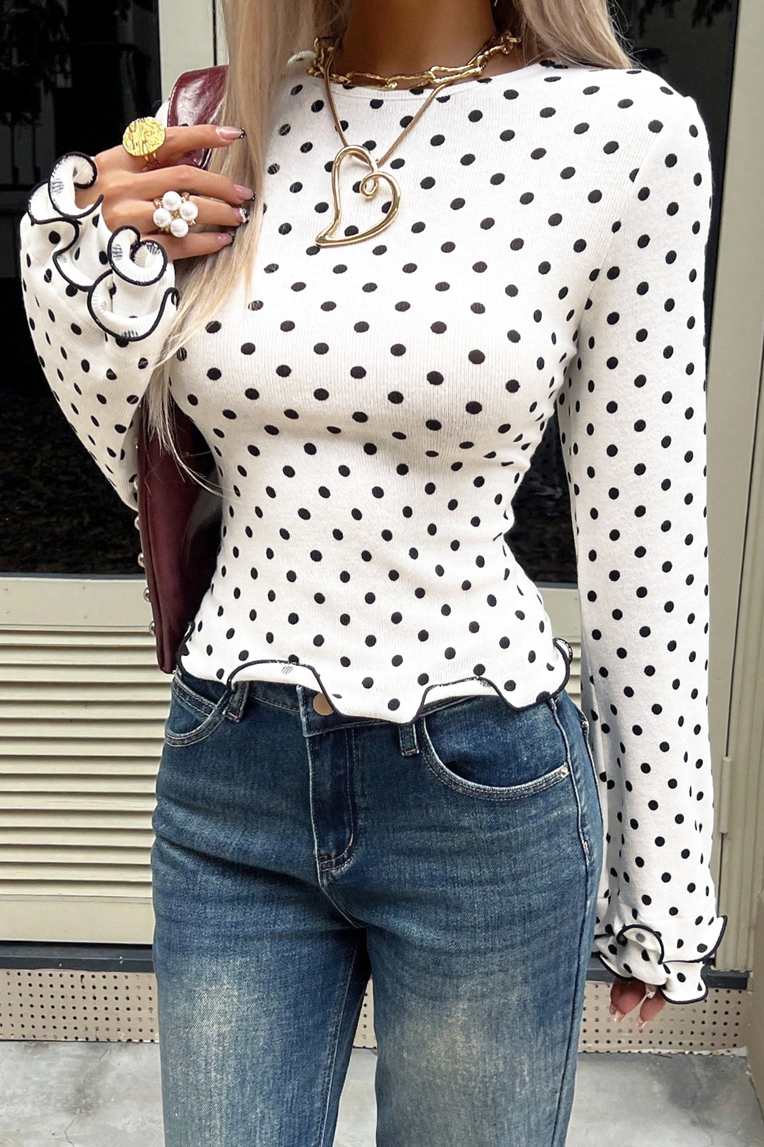 Black Polka Dot/ Leopard/ Flower Print Lettuce Trim Long Sleeve Top