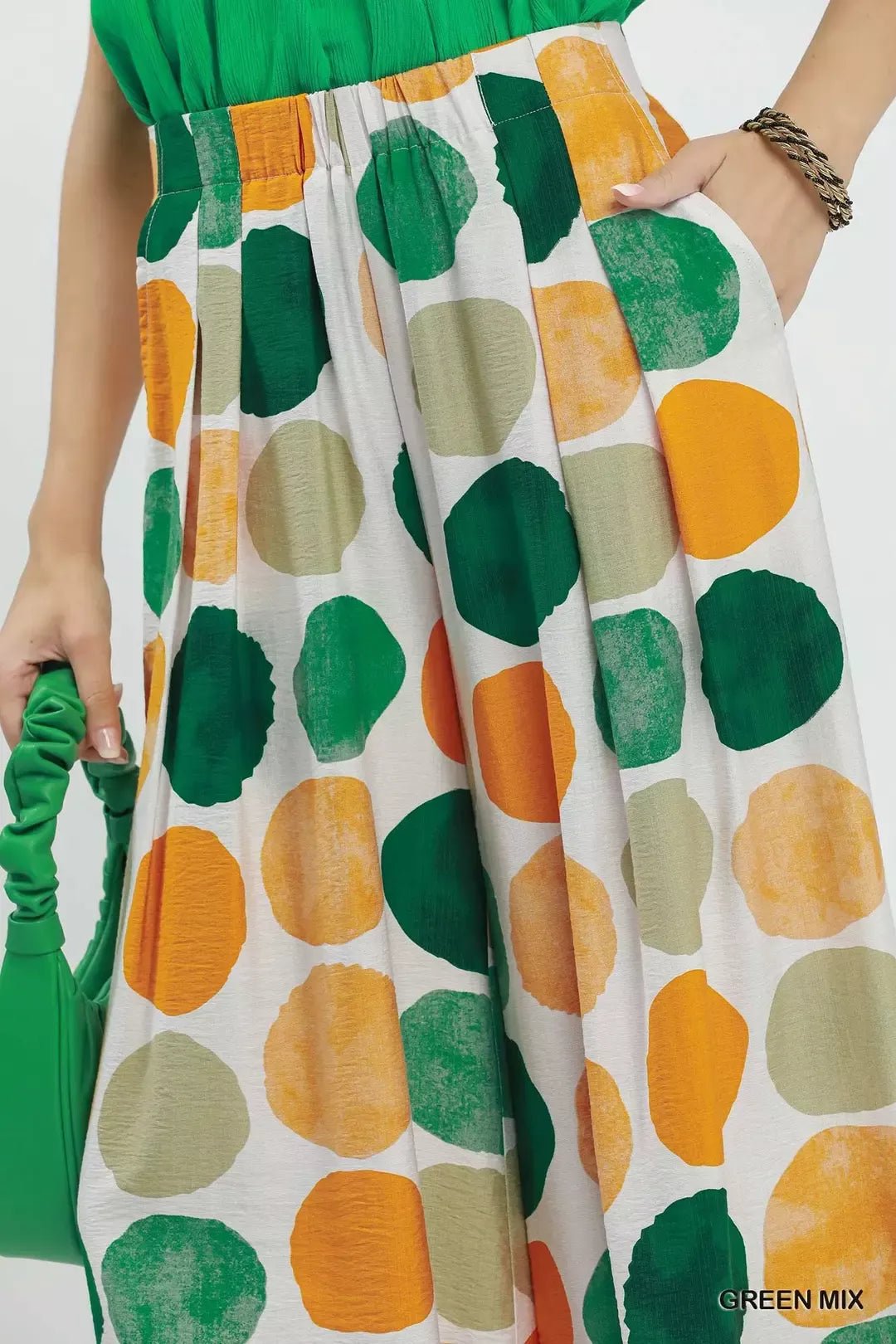 Umgee Dot Print Wide Leg Pants - GREEN MIX / S
