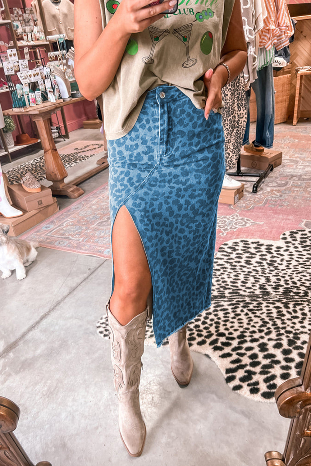 Sky Blue Leopard Print Frayed Edge Denim Skirt Long Casual Daily Wear