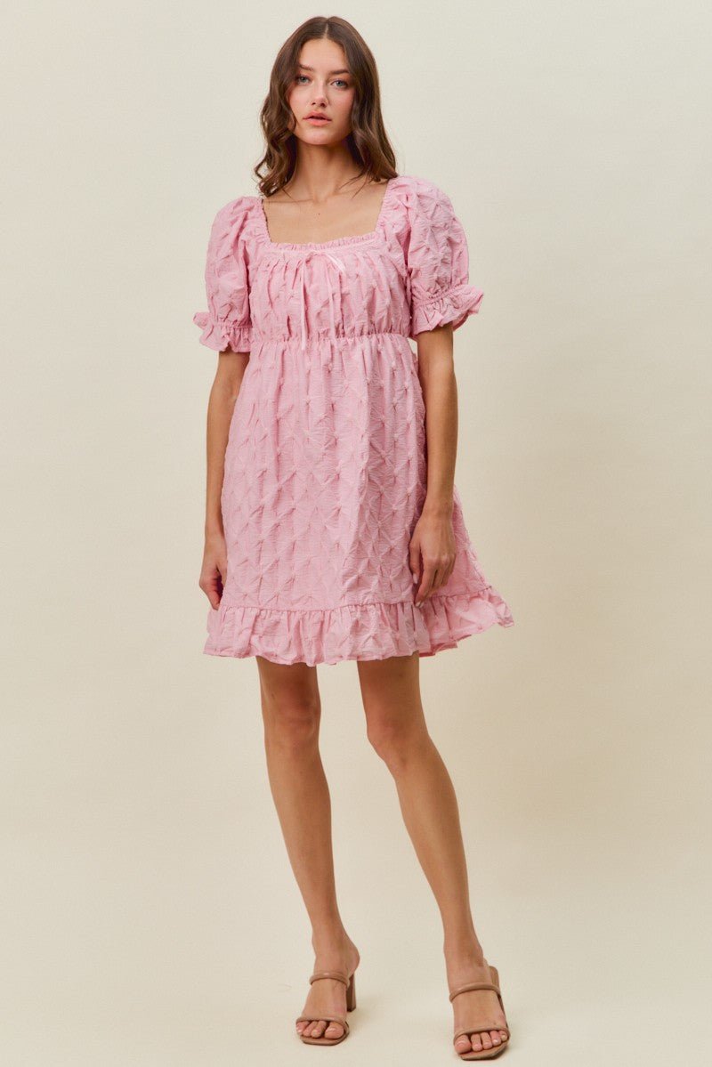 SO ME Texture Woven Ruching On Bust Mini Dress - PINK / S