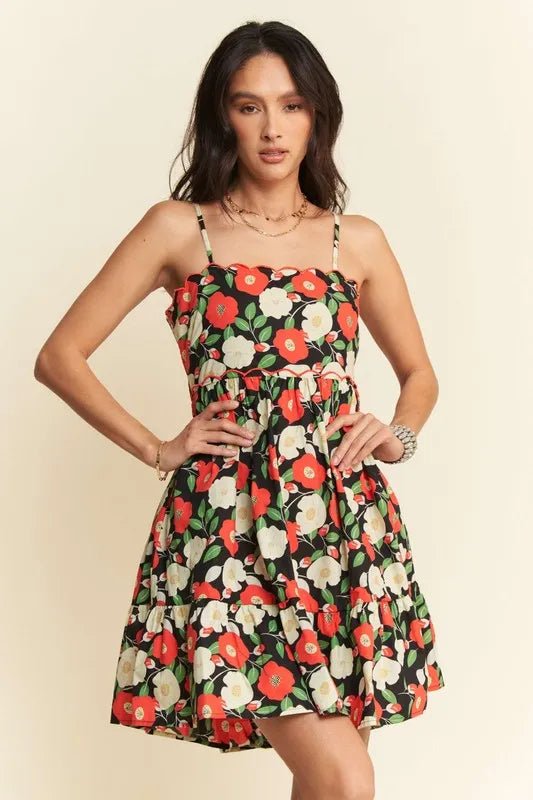 Davi & Dani Floral Scalloped Cutout Back Mini Dress - Black / S