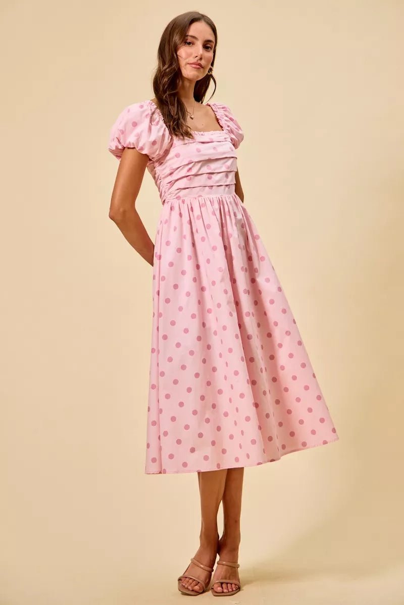 SO ME Polka Cotton Print Short Sleeves Midi Dress - PINK / S