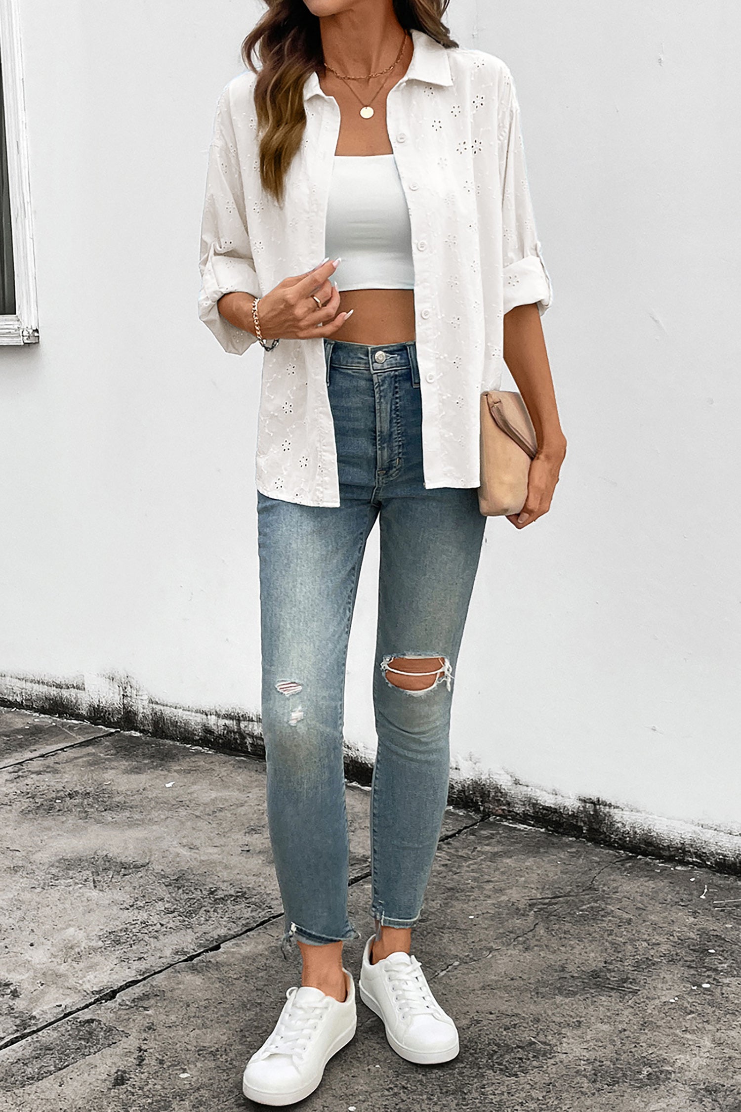 Yellow Cream Solid Eyelet Flower Pattern Button Down Loose Shirt