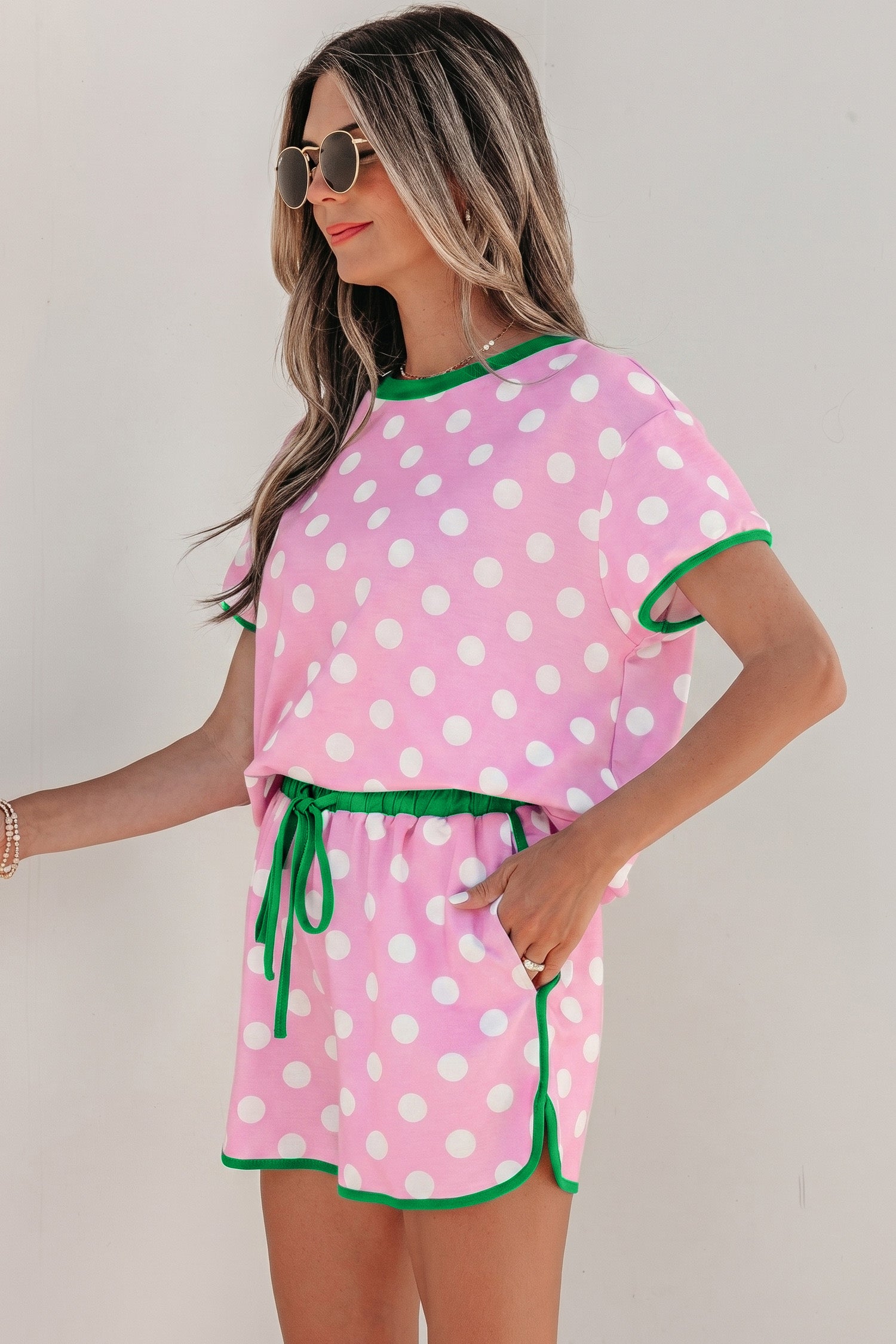 Sky Blue Polka Dot Contrast Edge Casual Short Set