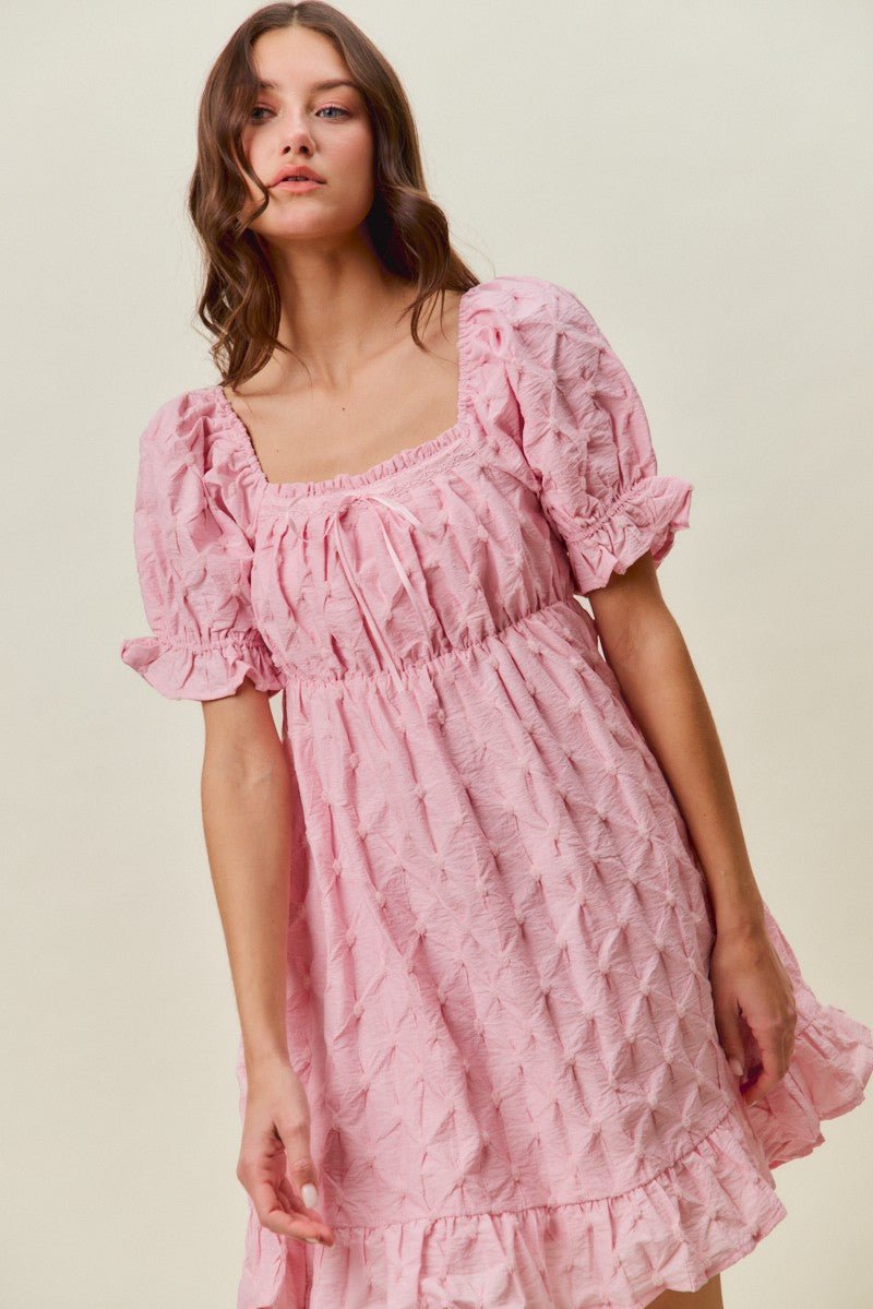 SO ME Texture Woven Ruching On Bust Mini Dress - PINK / S