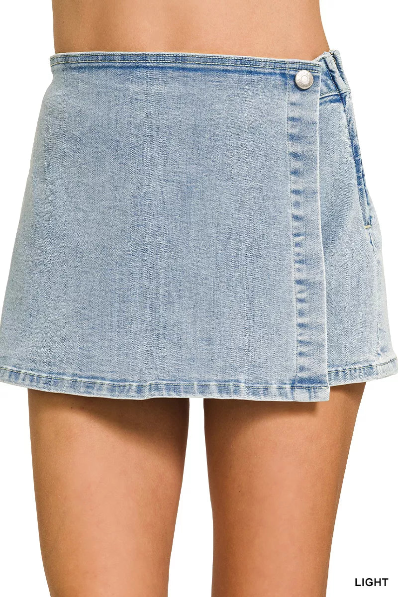 Zenana Wrap Front Denim Skort - LIGHT / S