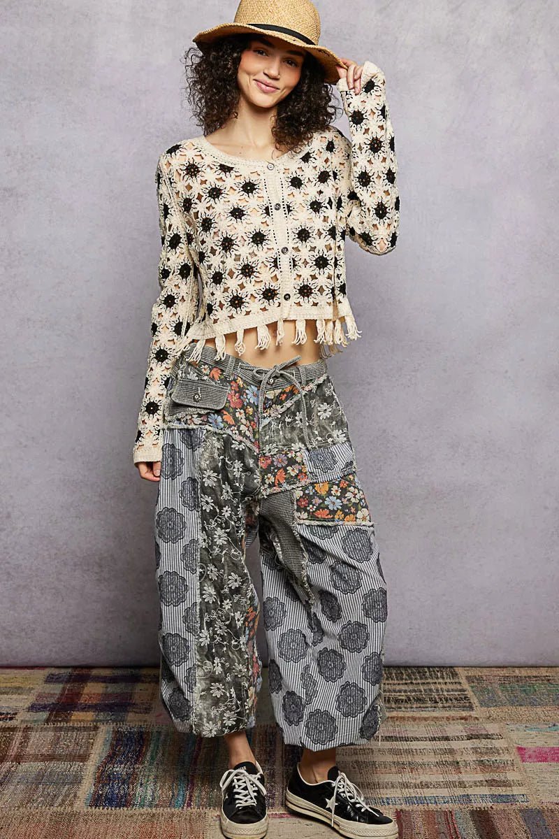 POL Openwork Floral Crochet Cardigan with Tassel Hem - NATURAL/BLACK / One Size