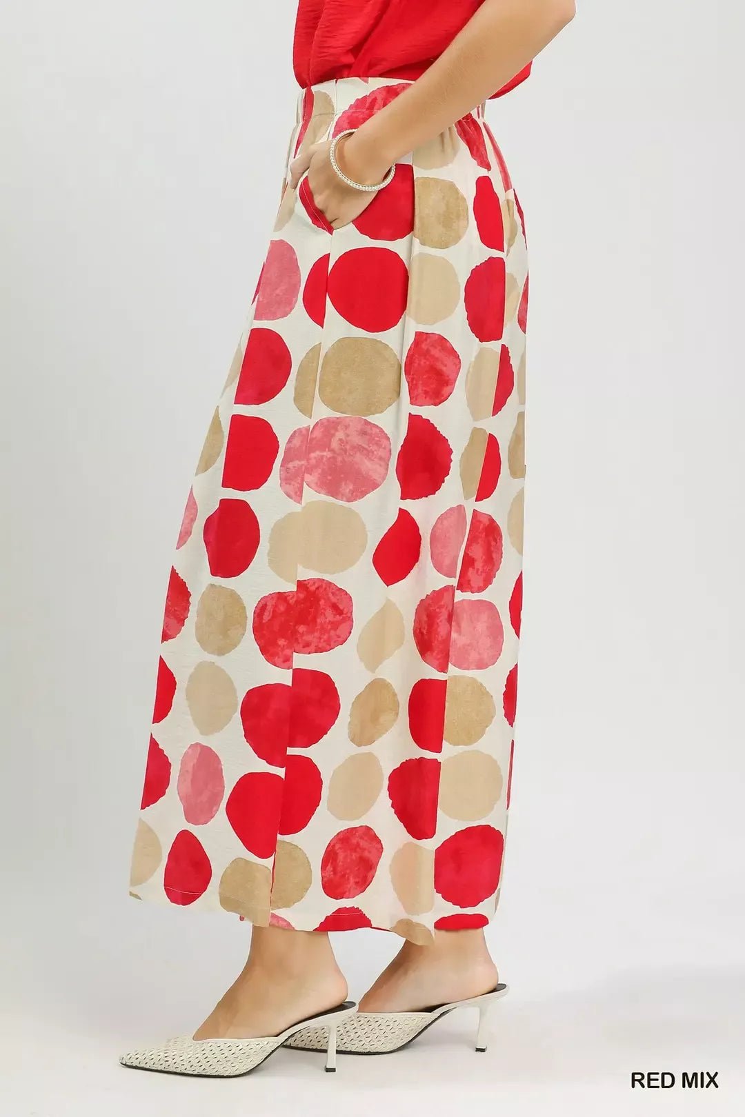 Umgee Dot Print Wide Leg Pants - RED MIX / S